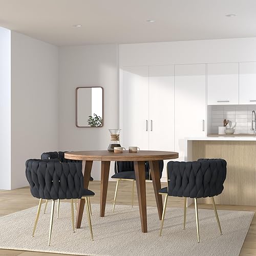 Miniatura 78 de Nrizc Juego de 2 sillas de comedor tejidas, sillas de comedor tapizadas de terciopelo con patas de metal dorado, sillas decorativas modernas para