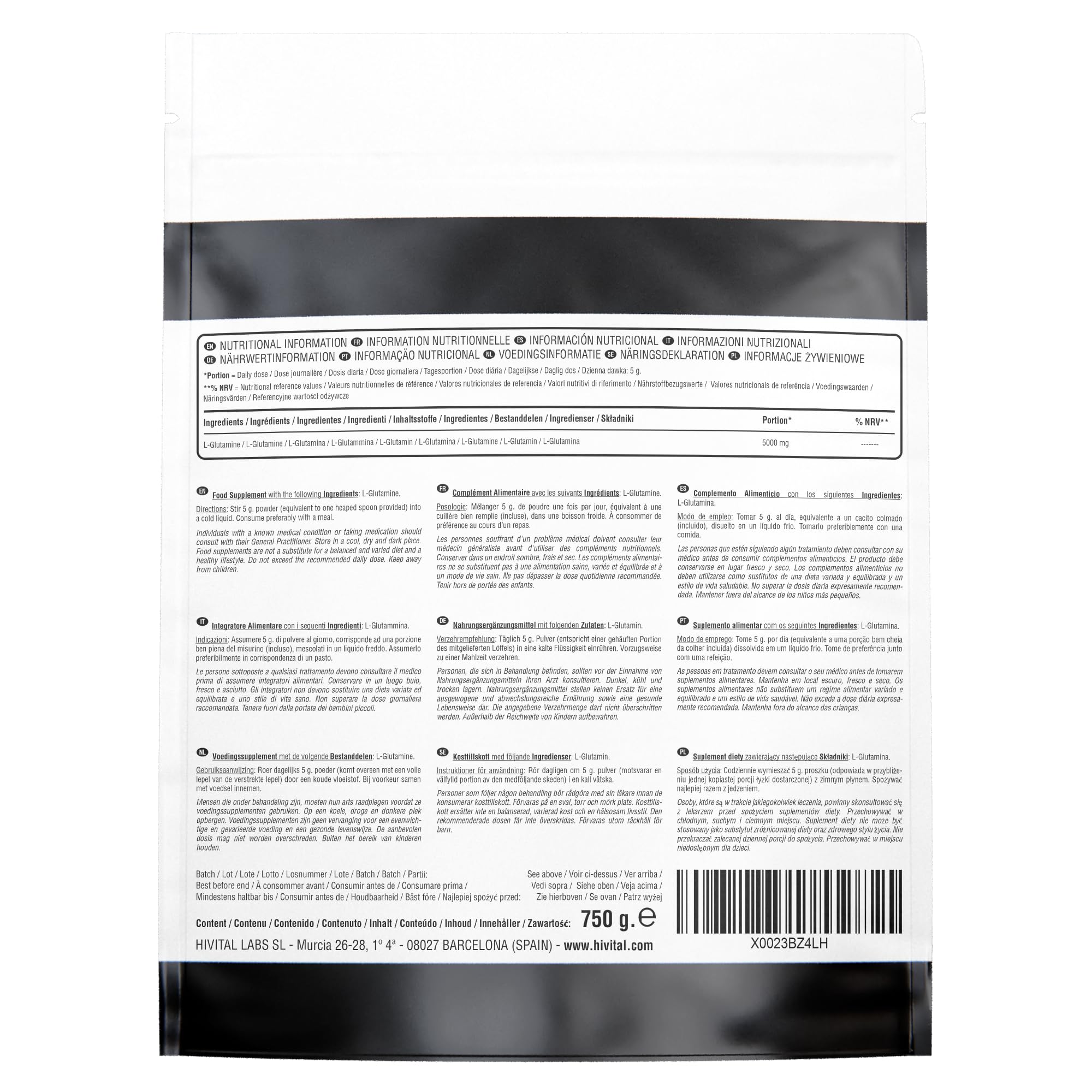 L-Glutamine 5000 mg pour 5 mois de traitement. 750 grammes d'Acide Aminé Glutamine, 100% Végétalien, en Poudre et Sans Saveur. Fabriqué en Europe par HIVITAL