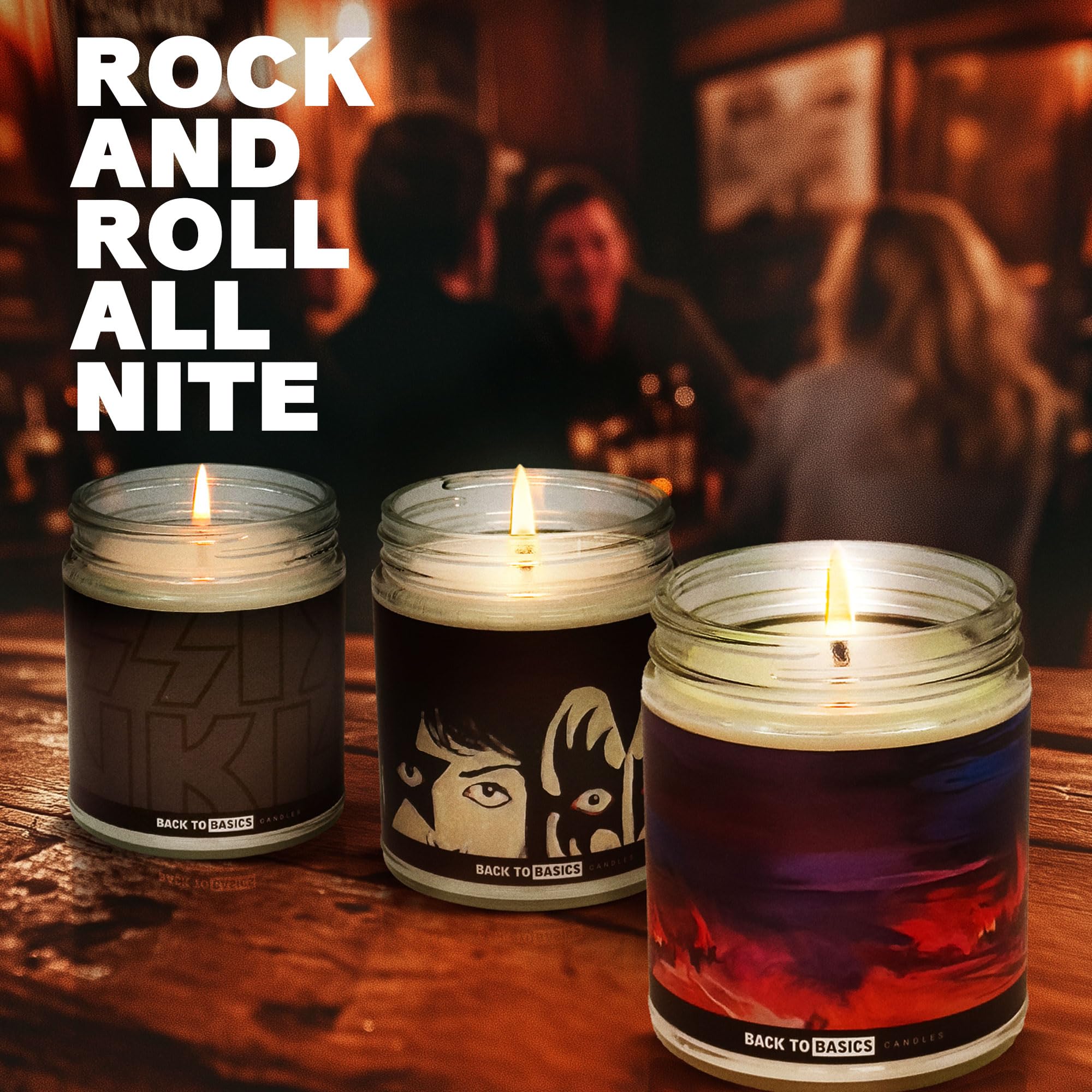 KISS - Juego de velas prémium | Velas Back to Basics - 3 velas aromáticas de cera de coco de soja vegana para fanáticos del rock & roll, merchandising, decoración del hogar, regalos de cumpleaños para