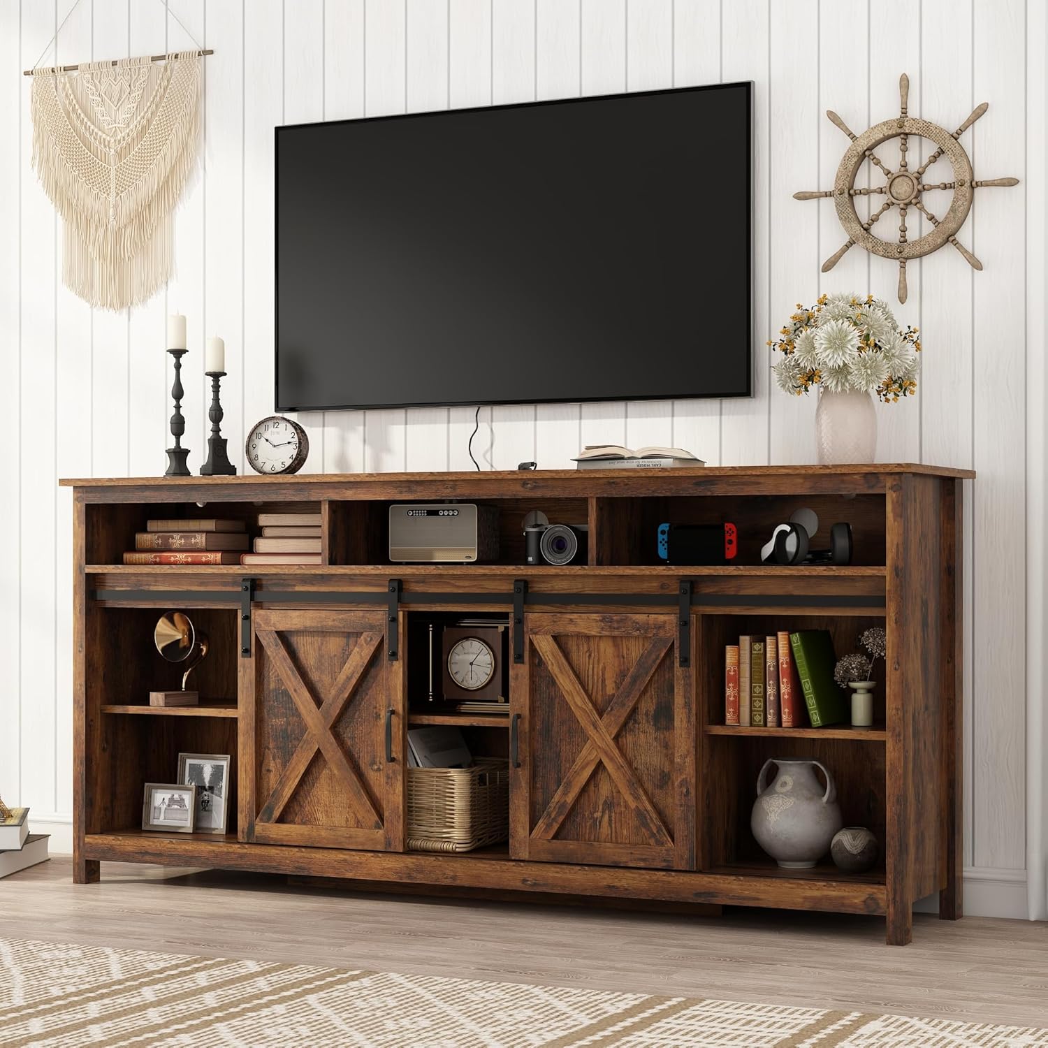 Vinctik 6&Fox 70in Wooden Farmhouse Entertainment Center for 80/75 inch TV,Double Layer Storage Farmhouse TV Stand,Double-Row Sockets with Wood Sliding Barn Door TV Stand(Double Layer Vintage Brown)