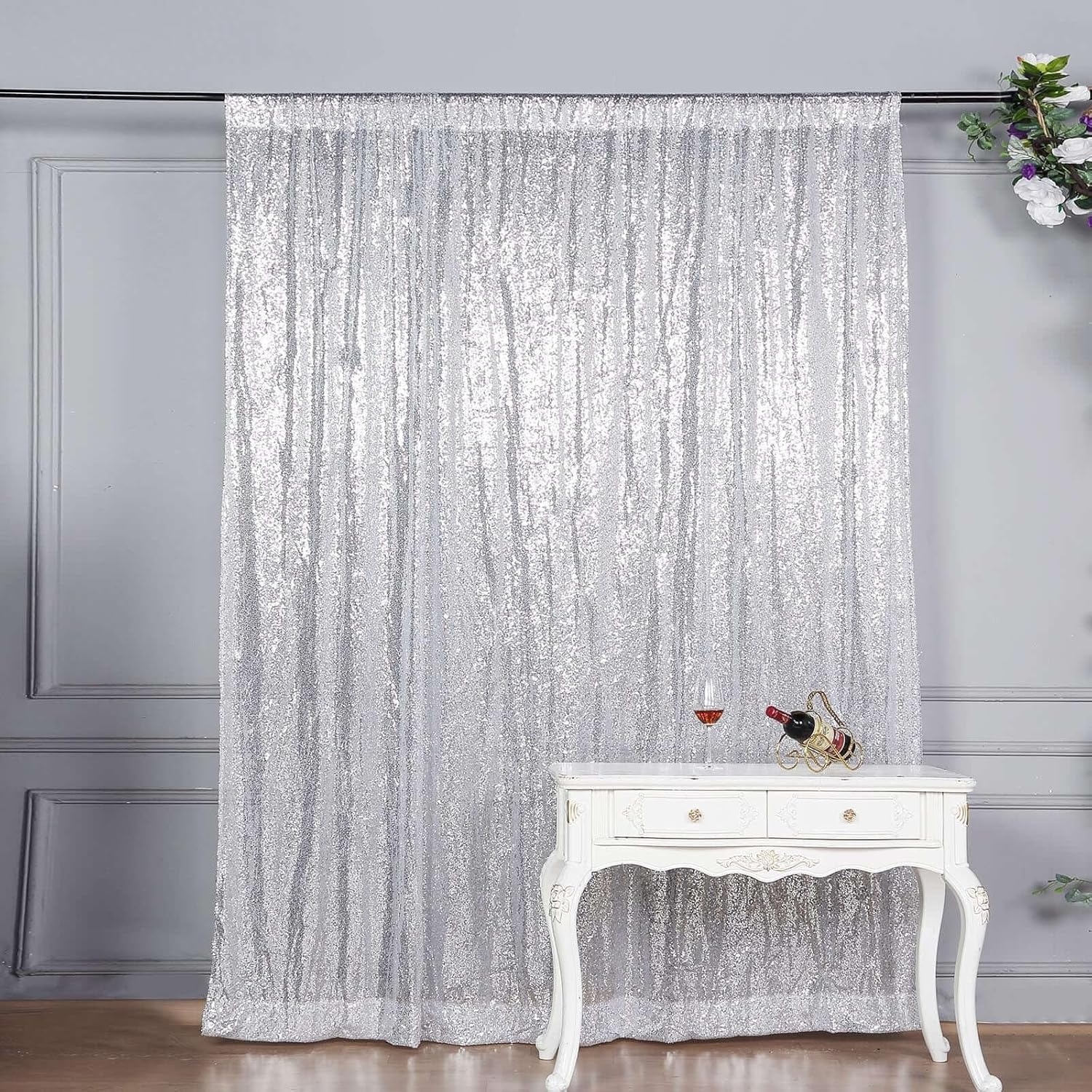 Efavormart 8ft Silver Sequin Backdrop with Rod Pockets