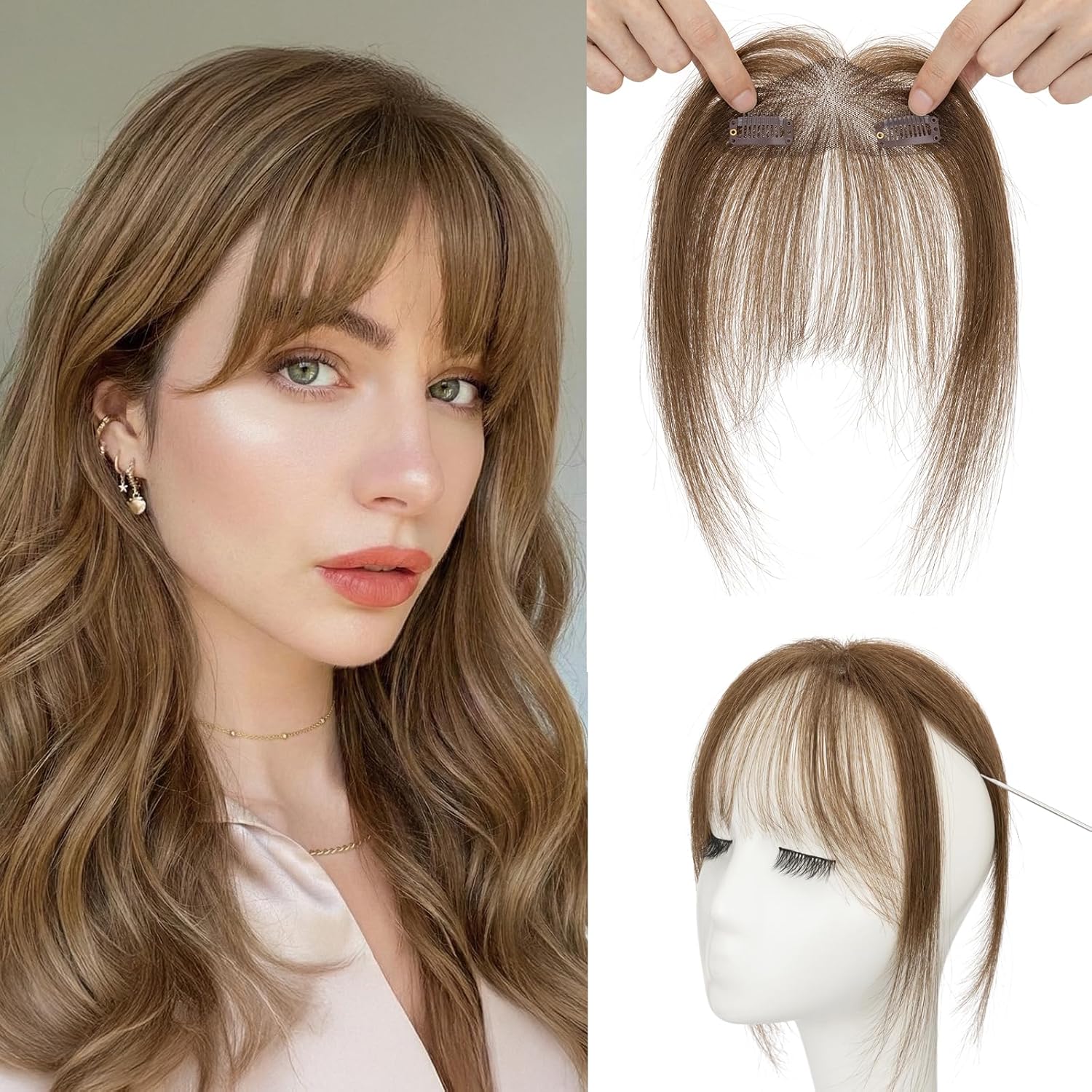 Benehair Clip on Bangs Human Hair, Front Hair Extensions for Women Hair Pieces with Temples for Daily Wear (Medium Brown)