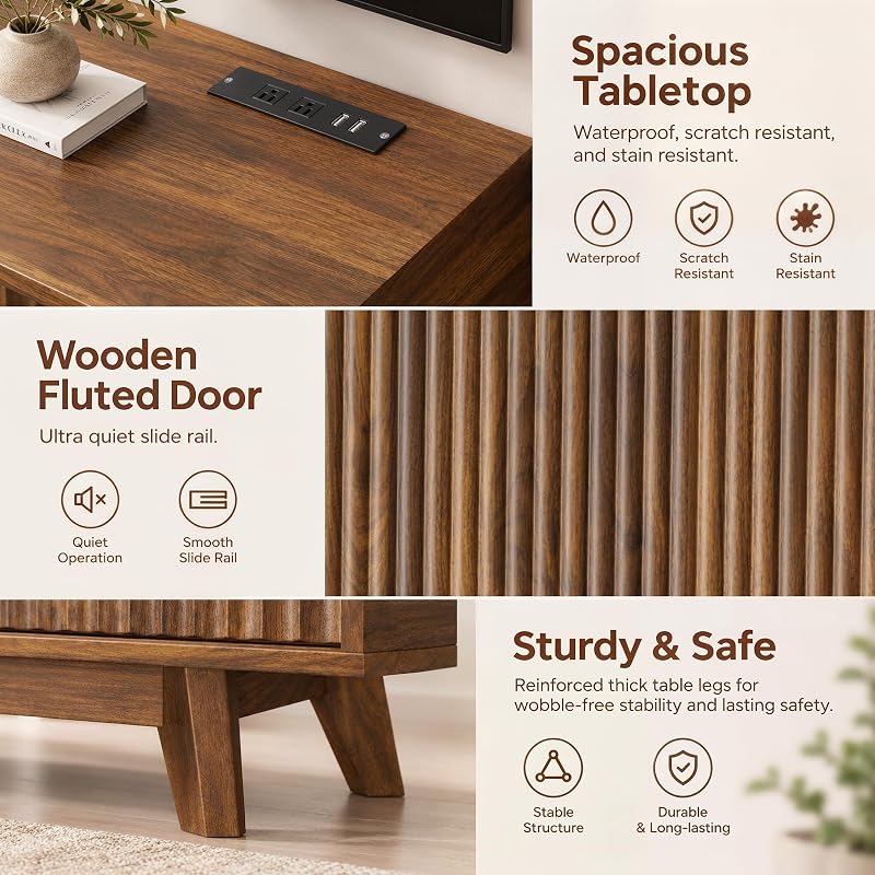 94" Fluted TV Stand with Power Outlet, Living Room TV Stand Walnut image 6