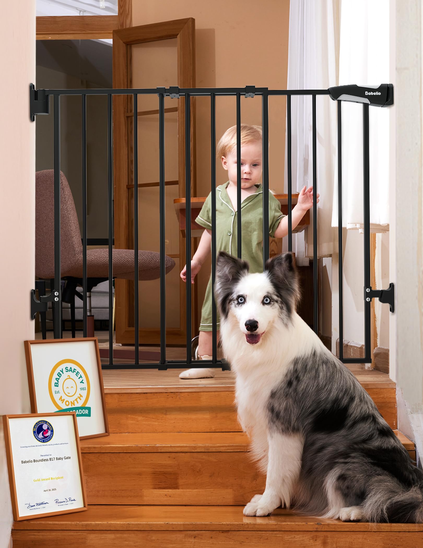 Babelio Baby Gate for Stairs, Kitchen & Doorways, 26-43" W 28" H No Bottom Bar| Easy Installation| One-Handed Operation| Auto-Close| Hardware Mount Safety Dog/Pet Gate Indoor (Black)