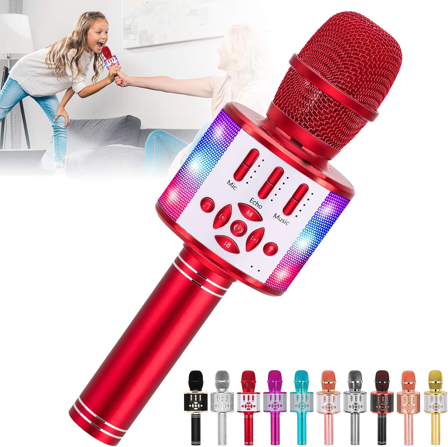 Amazmic Kids Karaoke Microphone Machine Toy Bluetooth Microphone Portable Wireless Karaoke Machine Handheld with LED Lights, Gift for Children Adults Birthday Party, Home KTV(Blue) : Musical Instruments