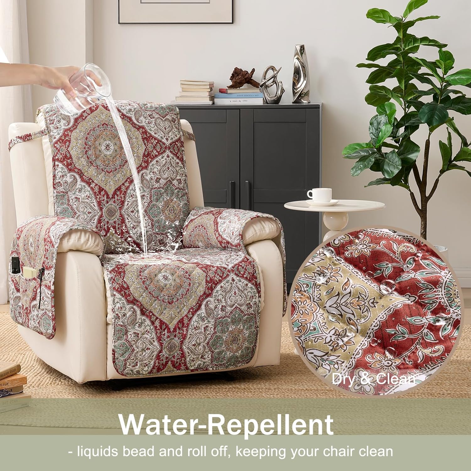 Ogee Printed Recliner Chair Covers, Soft Quilted Recliner Covers, Water-Repellent Lazy Boy Chair Covers, Pet Friendly ReclinerCover for Sofa, Washable ArmchairCovers (Recliner 22", Ogee)