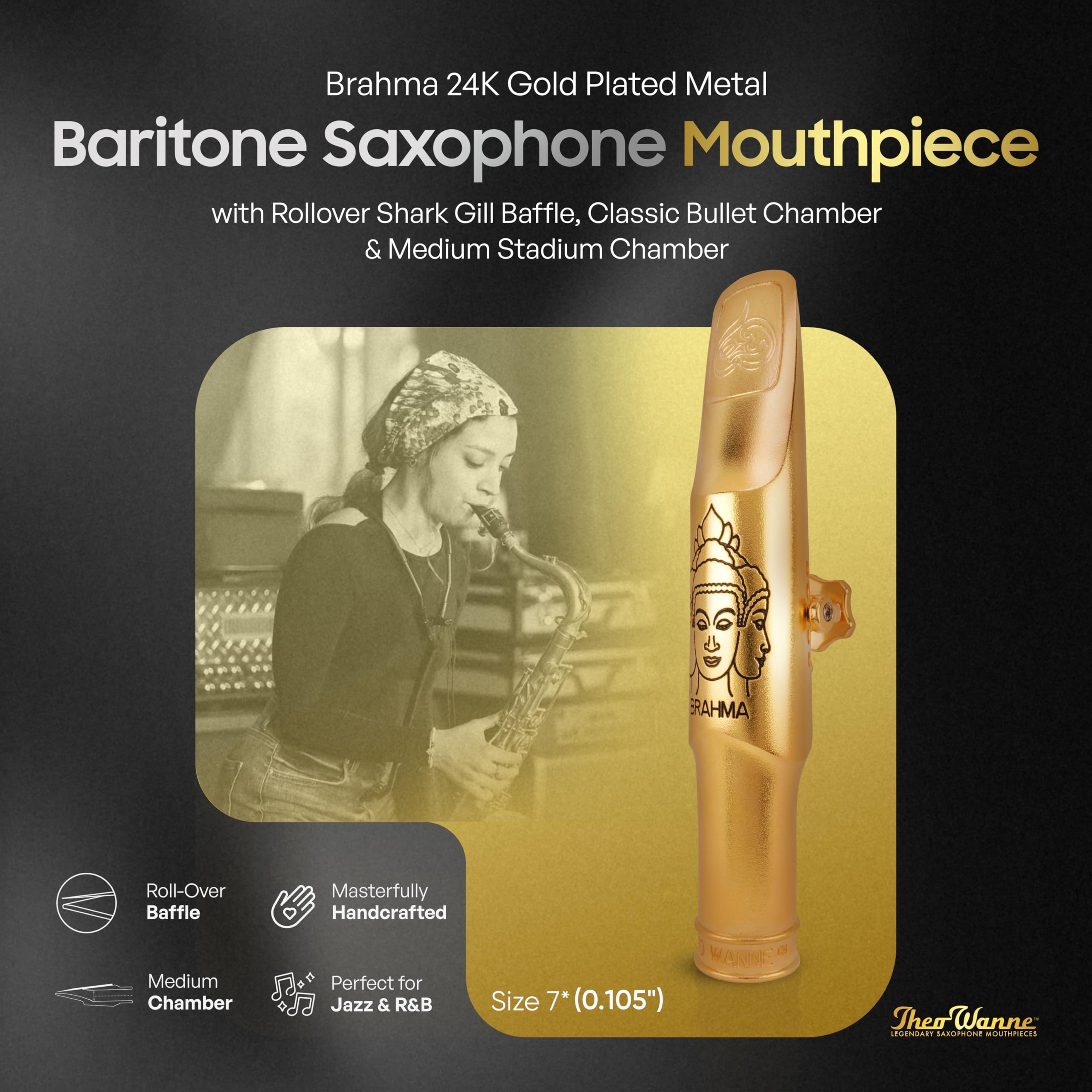 Theo Wanne Brahma 24k Gold Plated Baritone Saxophone Mouthpiece with Rollover Shark Gill Baffle, Classic Bullet Chamber & Medium Stadium Chamber for Jazz, Soul & Commercial Music - Size 7 (0.105