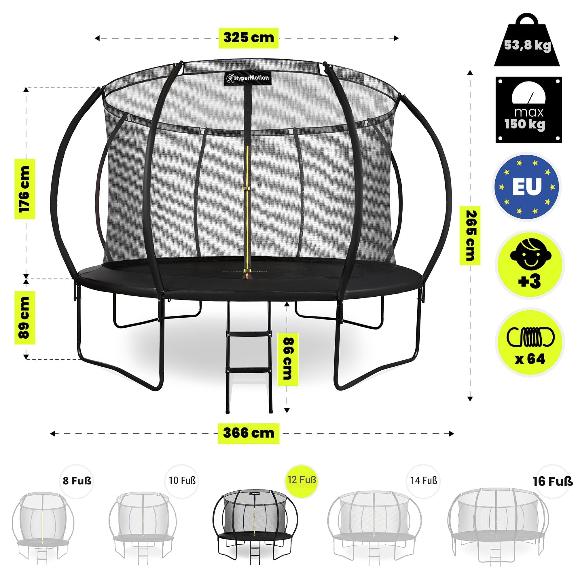 Hypermotion Trampolin Outdoor Kinder 244/305 / 366/430 / 487 cm Kindertrampolin ab 3 Jahre - Schnelltrocknend und Wasserabweisend - Ausgezeichnete Sprungkraft - Gartentrampolin