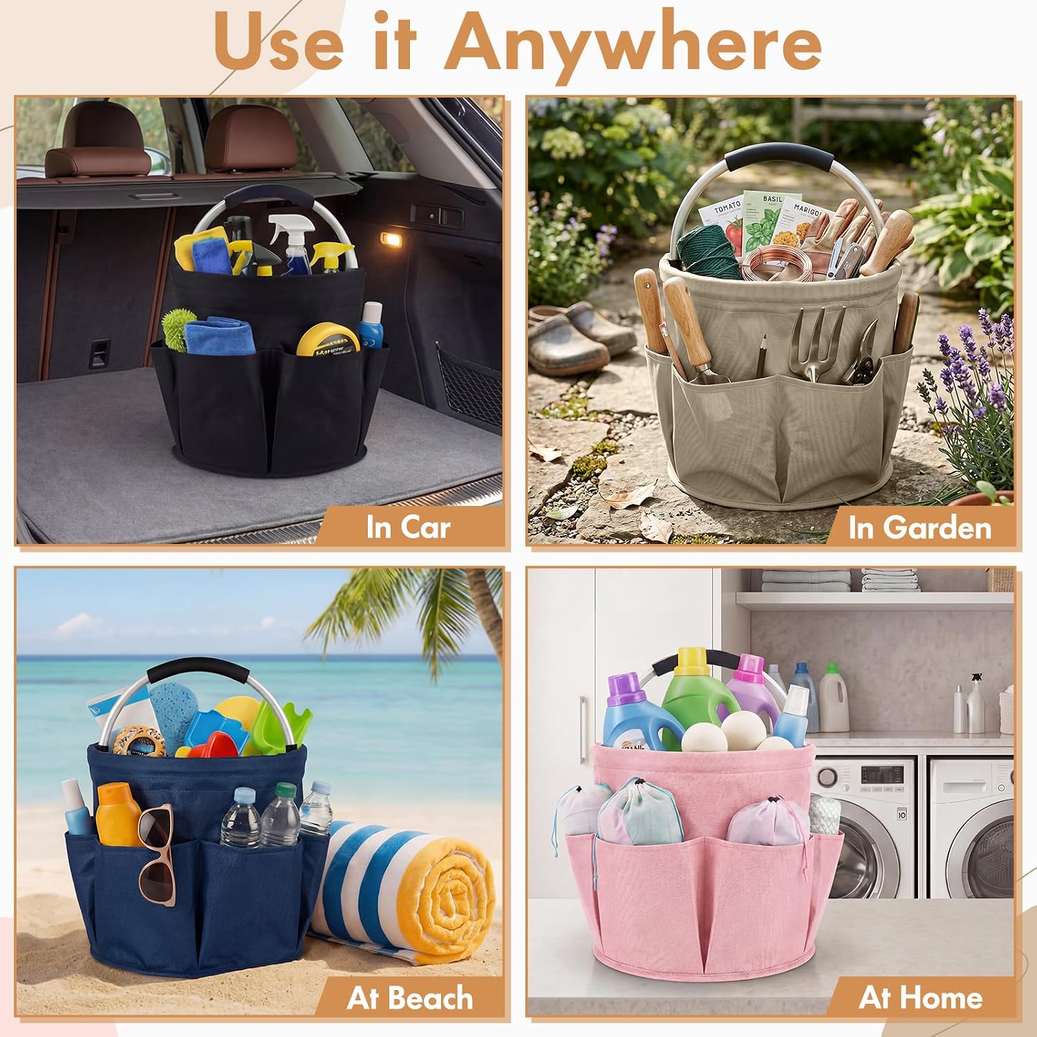 LemonRoad 4 Pack Cleaning Caddy with Handle 17L Foldable Cleaning Supplies Organizer Oxford Cloth Storage Basket with 6 Pockets Portable Multi Bucket Bag for Home Garden (Black,Beige,Navy Blue,Pink)