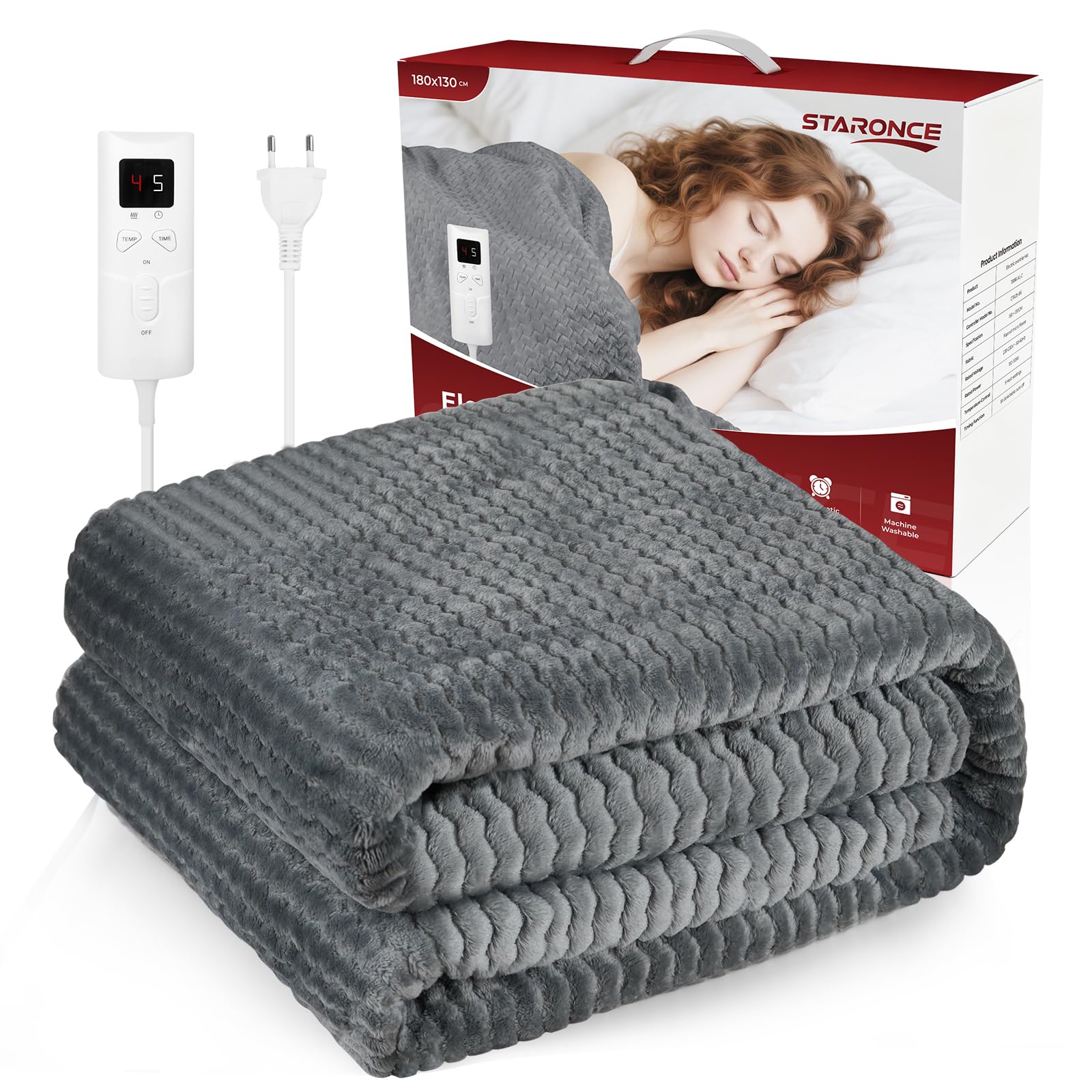 Manta Electrica 180 x 130 cm - 9 Niveles de Calor, Apagado Automático 5 Horas, Protección Sobrecalentamiento, Lavable a Máquina, Ideal para Cama, Sofá, Oficina