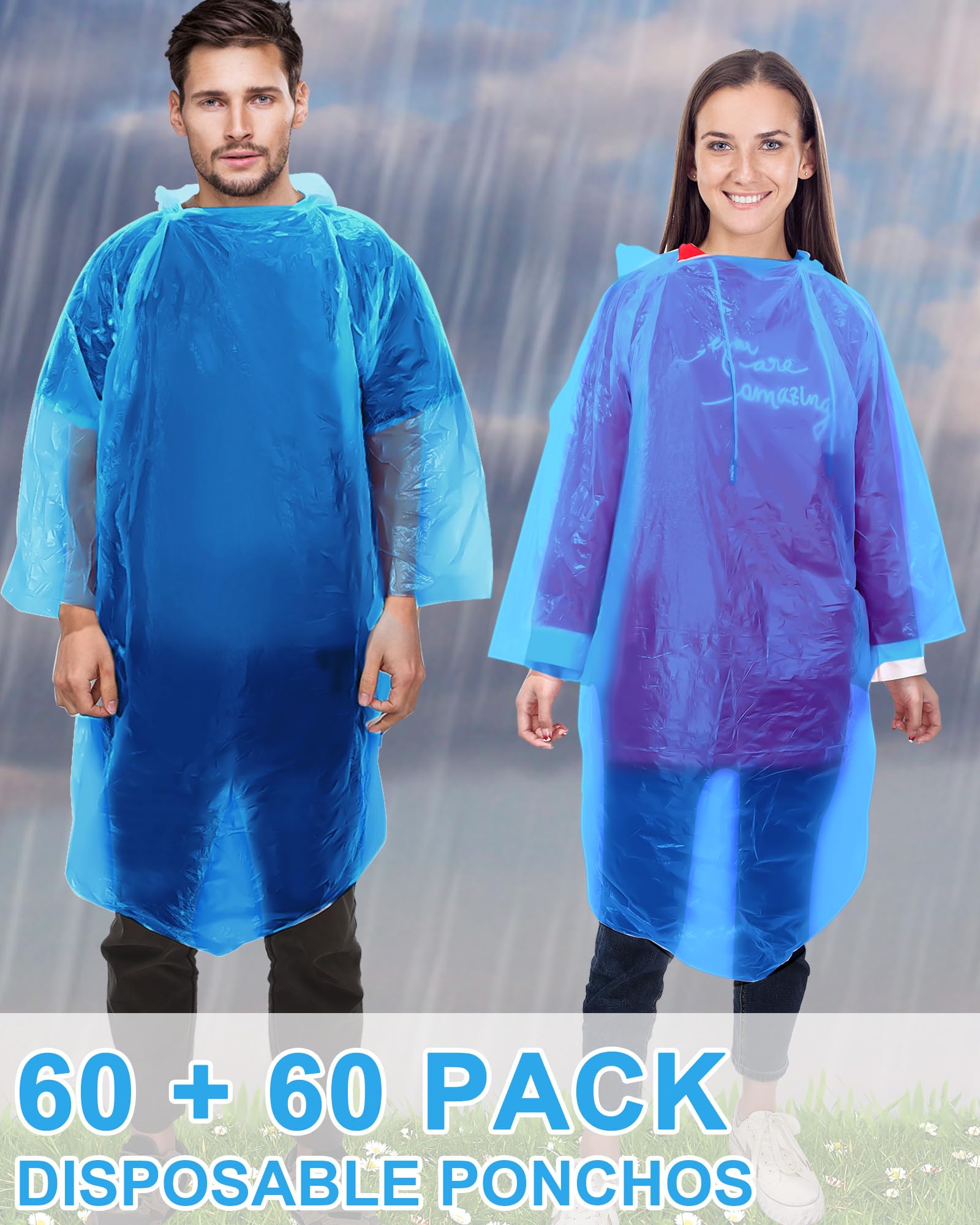 Paquete de 120 ponchos de lluvia desechables para adultos a granel, paquete familiar de poncho de lluvia de emergencia, poncho desechable con capucha