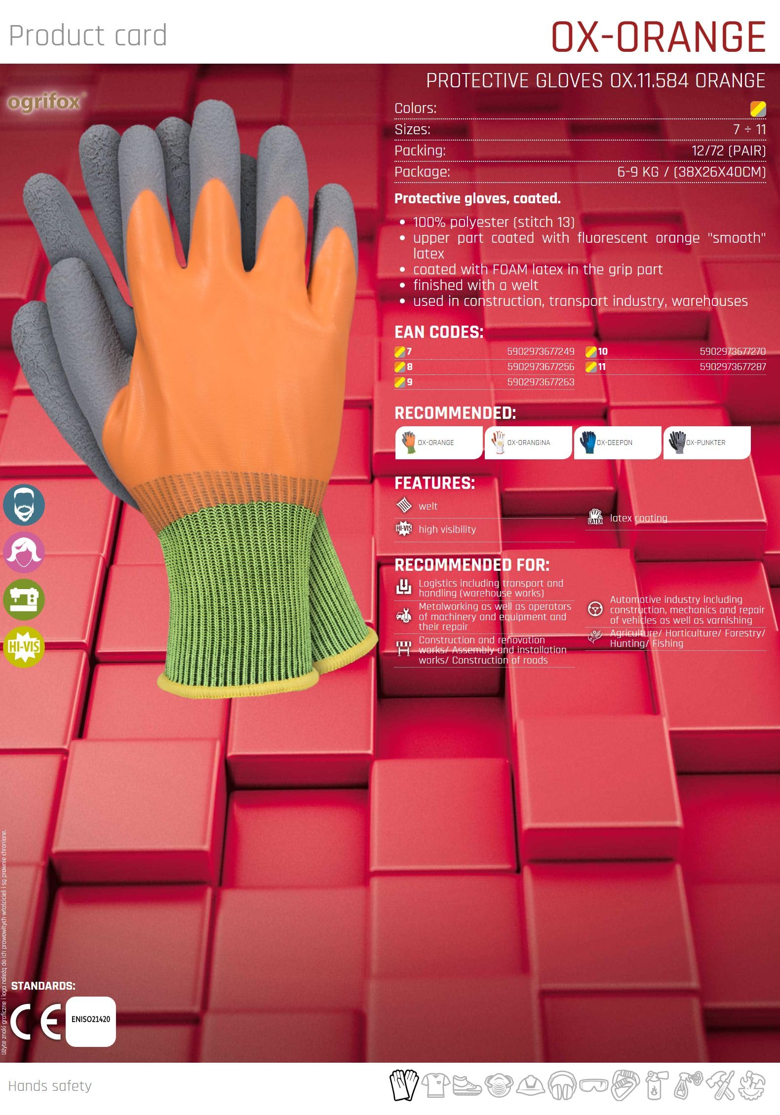 Ogrifox OX-ORANGE Polyesterhandschuhe beschichtet mit glattem, fluoreszierendem orangefarbenem Latex, Schutzhandschuhe, Arbeitshandschuhe, Gartenhandschuhe, OX.11.584, Orange-Gelb-Grau, Größe 8, 72