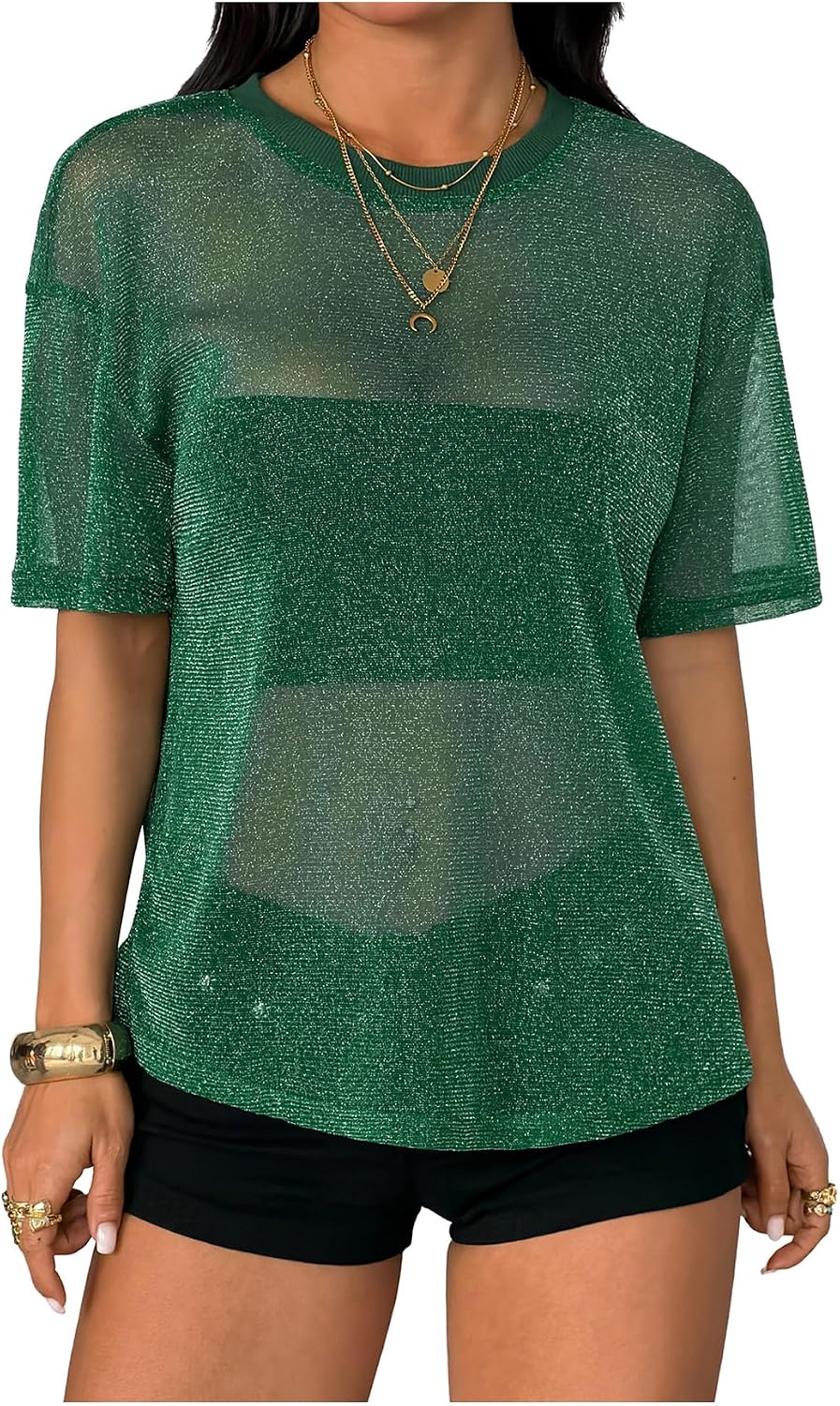 OYOANGLE Women's Sparkly Glitter Rave Concert Outfits Going Out Top Short Sleeve See Through Blouse Mesh Shirt