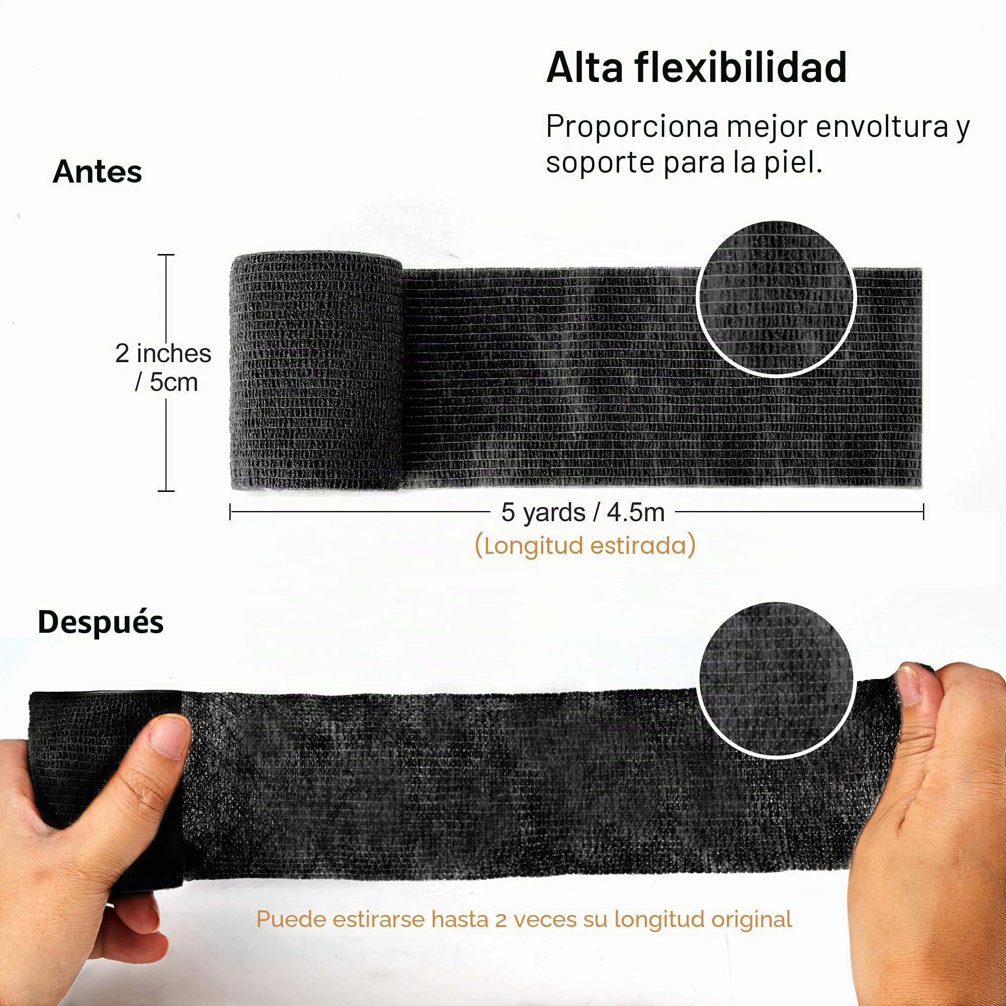 Venda Cohesiva Negro con 5 cm x 4,5 m, Vendas Autoadhesivas de 12 rollos, Venda Elástica Adhesiva Vendaje Autoadhesivo, Muy Adecuado para el Ejercicio, Rodillas, Tobillos y Muñecas