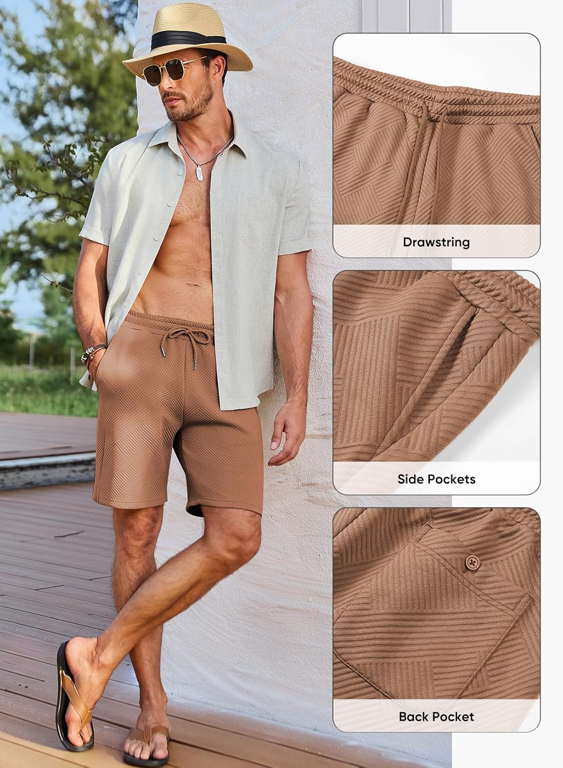 JMIERR Mens Casual 7" Shorts Summer Drawstring Elastic Waist Beach Sweat Shorts Texture with Pockets - Image 5