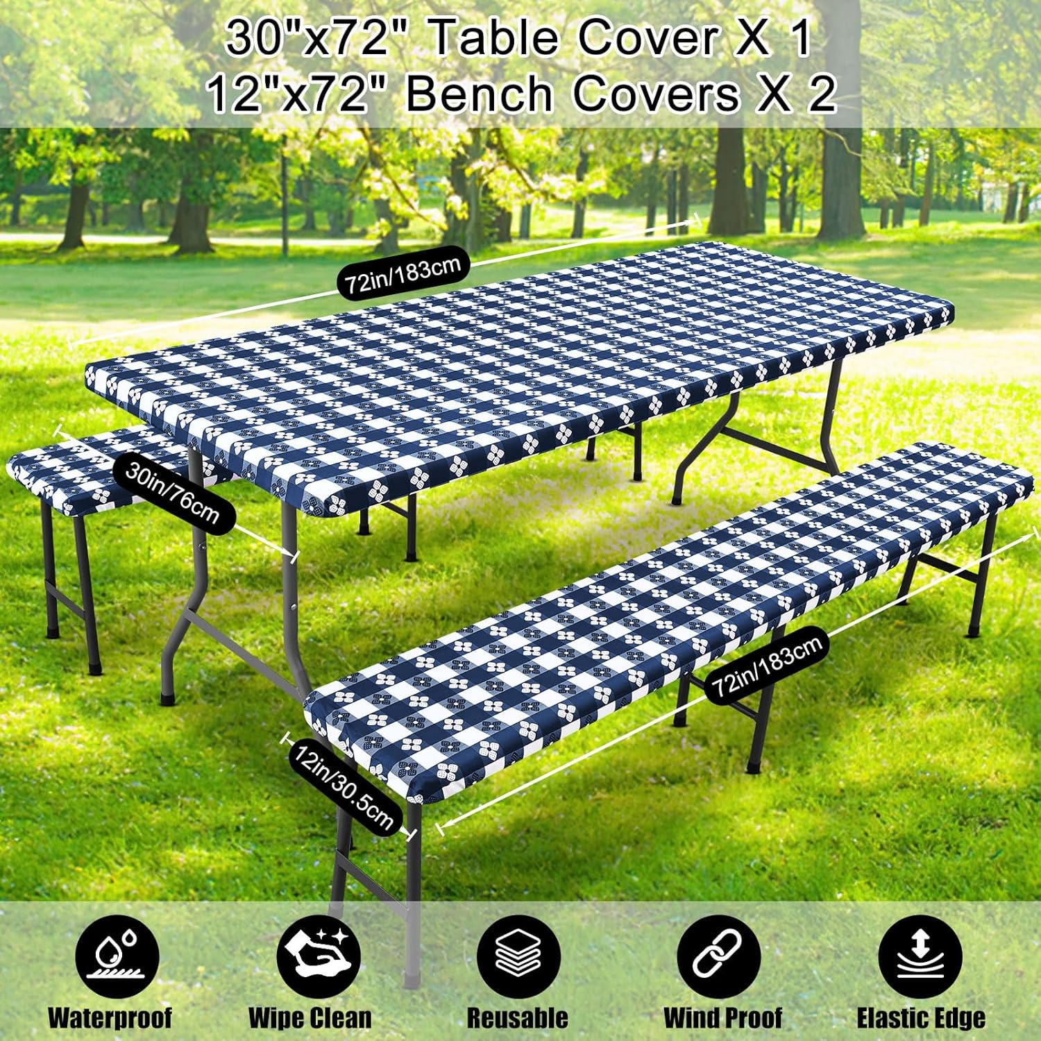 Smiry Picnic Table Cover with Bench Covers, Waterproof Elastic Fitted Tablecloth for 5 Foot Tables, Washable Polyester Tablecloths for Camping & Indoor (Dark Blue & White, 30x72 Inch 3-pc Set)