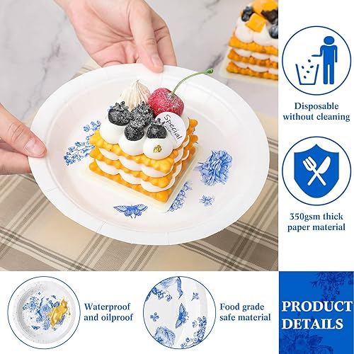 Miniatura 3 de Mifoci 100 platos de papel de impresión floral azul y blanco, 50 platos de postre de papel de aperitivo de 7 pulgadas, 50 platos de papel