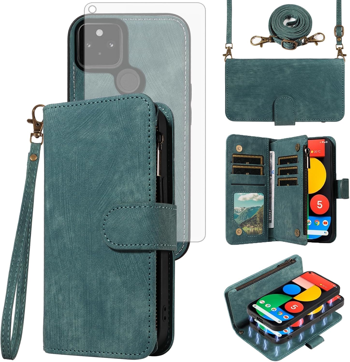 Asuwish Phone Case for Google Pixel 5 Zipper Wallet Detachable Magnetic Cover with Tempered Glass Screen Protector Crossbody Lanyard Strap Card Holder Slot Pixel5 5G Pixle Five G5 Women Men Girls Blue