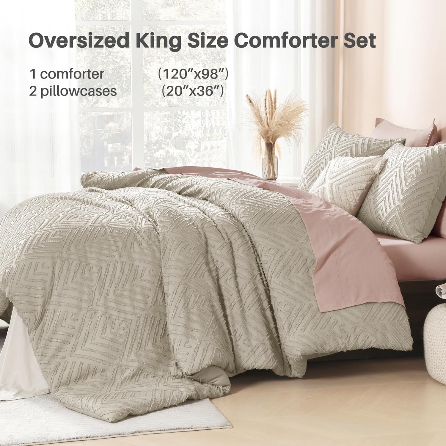 Litanika Oatmeal Oversized King Size Comforter, 3 Pieces Tufted Boho Farmhouse Bedding Comforter Sets, Lightweight Fluffy Bed Set for All Season (120x98In Comforter and 2 Pillowcases) - Image 6