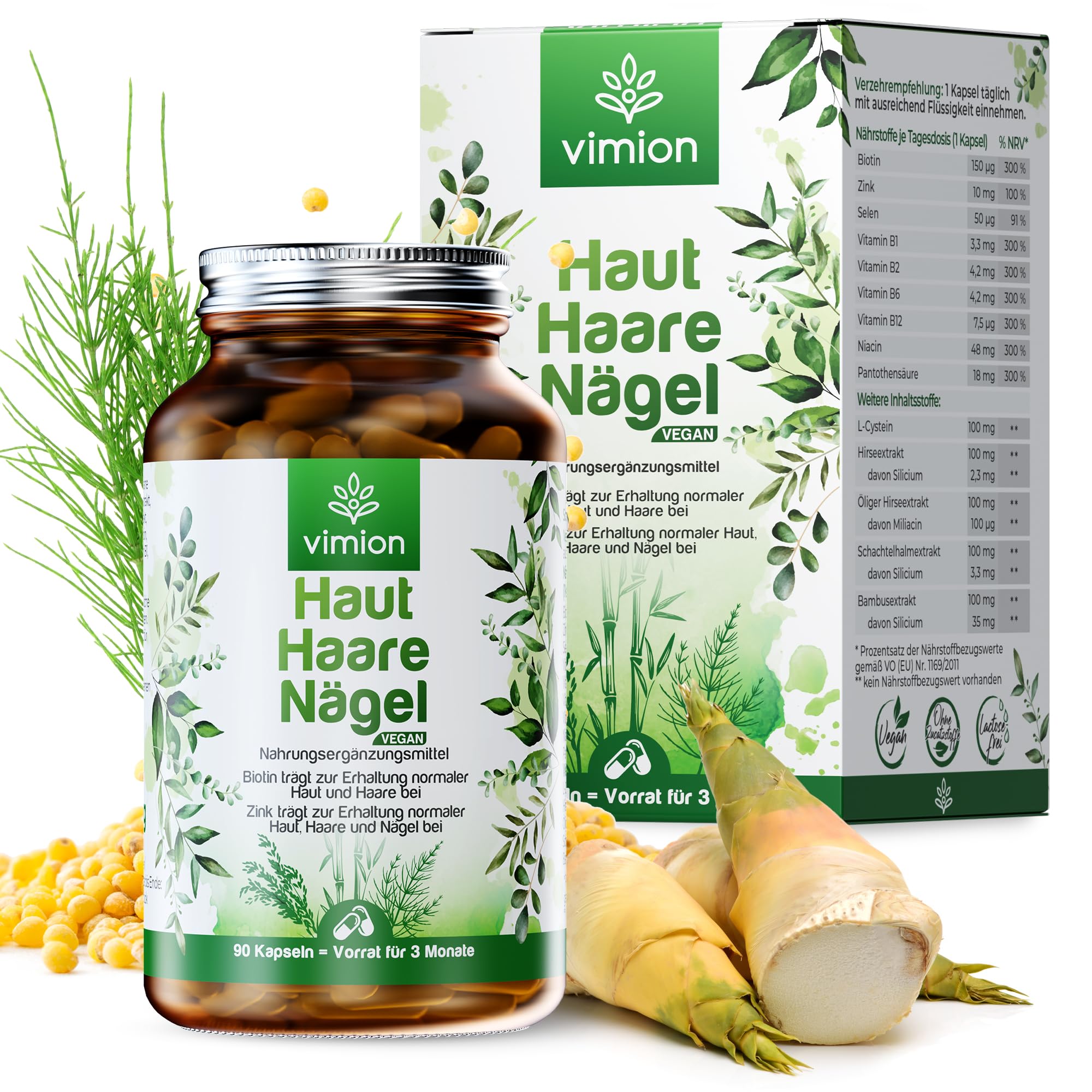 Haut-Haare-Nägel - 90 Kapseln - 100% vegan - mit Biotin, Zink, Selen, B-Vitamin-Komplex, L-Cystein sowie Silizium aus Bambus, Ackerschachtelhalm & Hirse – Vorrat für 90 Tage