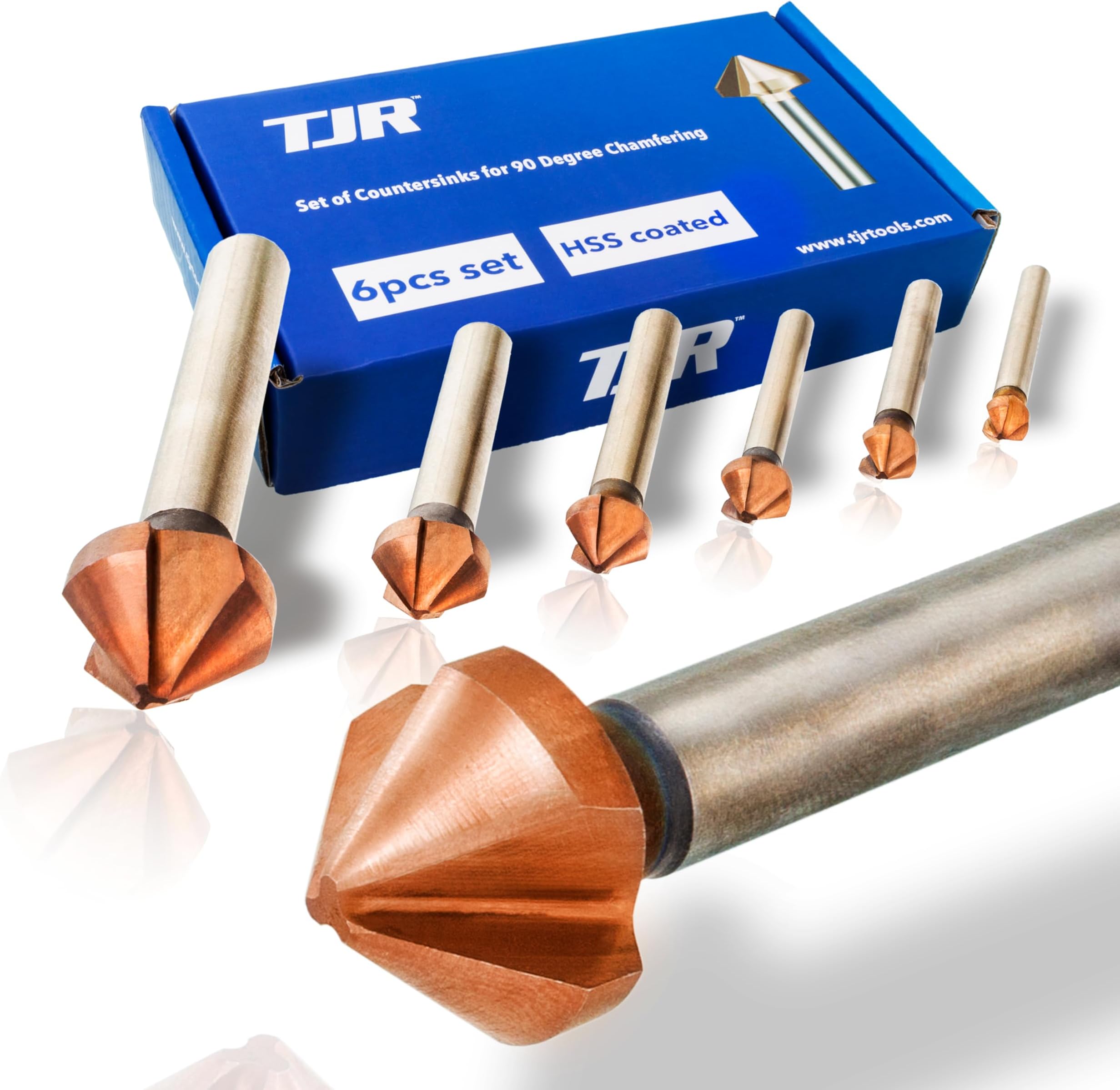 TJR® Countersink 90° Diameter 6.3-20.5 mm Made of HSS Steel with coating– Really Sharp – Countersink and Deburring Set for Wood, Metal and Plastic in Storage Box (HSS 4241 with Co coating)