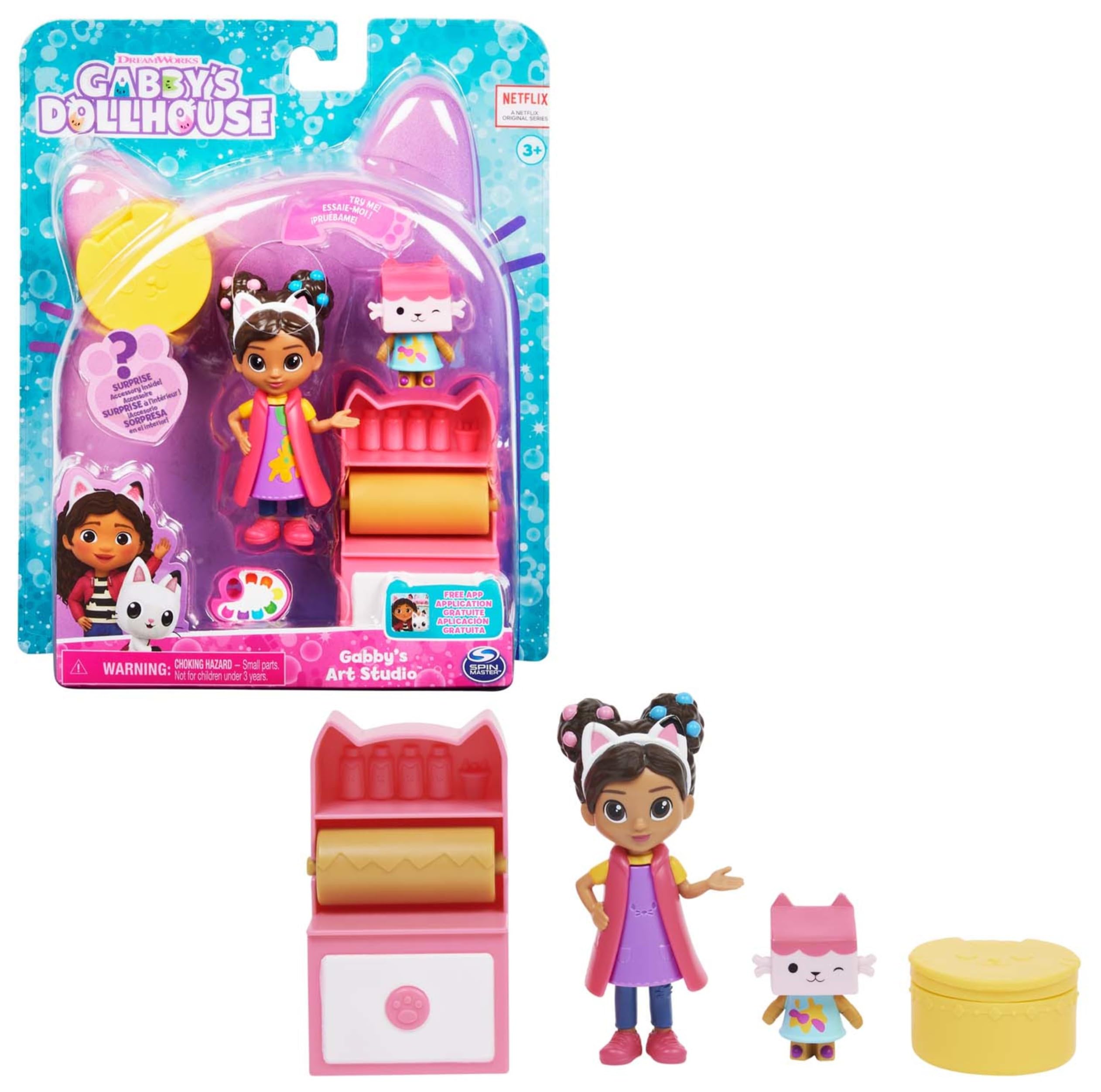 LA CASA DE MUÑECAS DE GABBY - ESTUDIO DE ARTE - Estudio de Arte de La Casa de Muñecas de Gabby con 2 Figuras, 2 Accesorios, 1 Caja Sorpresa y un Mueble - 6062025 - Juguetes Niños 3 años +