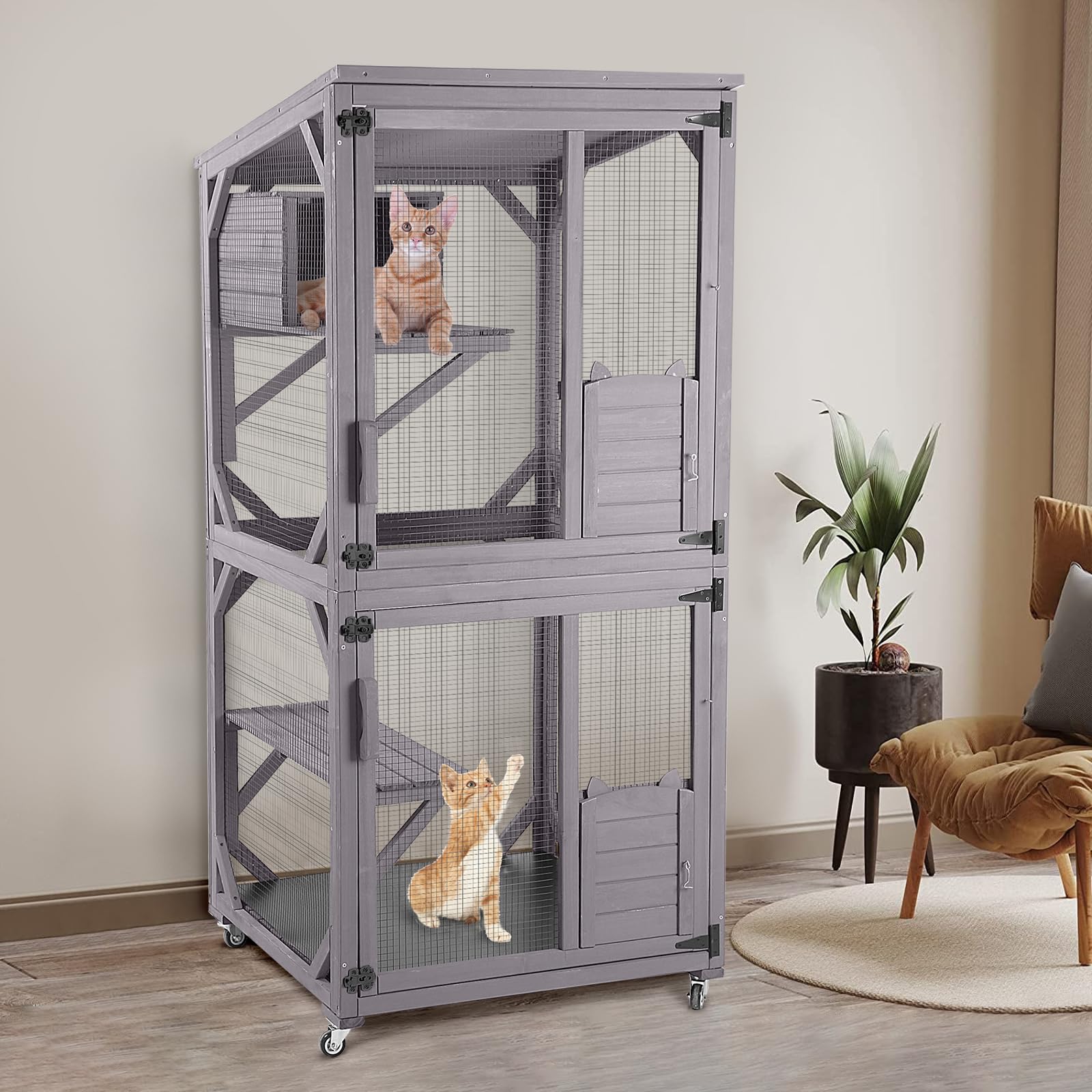 Catio Outdoor Cat Enclosure,Cat House with Wheels,Upgraded cat Scratching Post，Resting Box,Waterproof Roof for Patio Garden (Grey, 31.5" L x 31.5" W x 70.9" H)