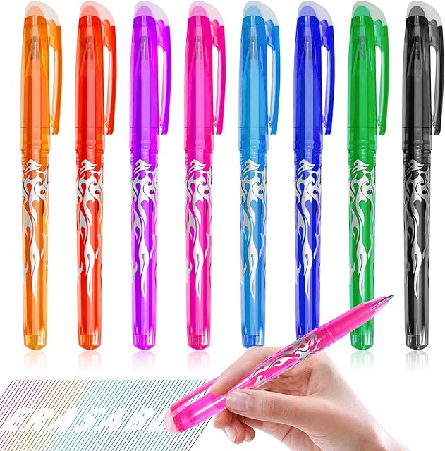 8 Pcs Erasable Gel Pens, Erasable Ballpoint Pen 0.5mm Tip Rub Out Pens Rollerball for Kids Students Stationery Supplies - 8 Colors