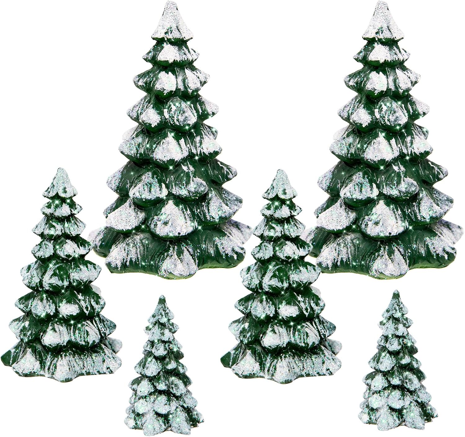 6 Pieces with a Sense of Layering and Staggered Heights Winter Wonderland Village Scene Pines Accessory Figurine Set, Christmas Village Trees Decorations,Two-Box Packaging for Sharing