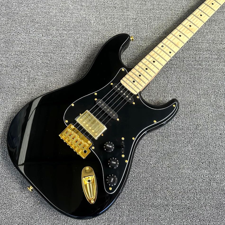 Chitarra elettrica nera personalizzata con tastiera in acero e hardware dorato - Guitarra Electrica professionale