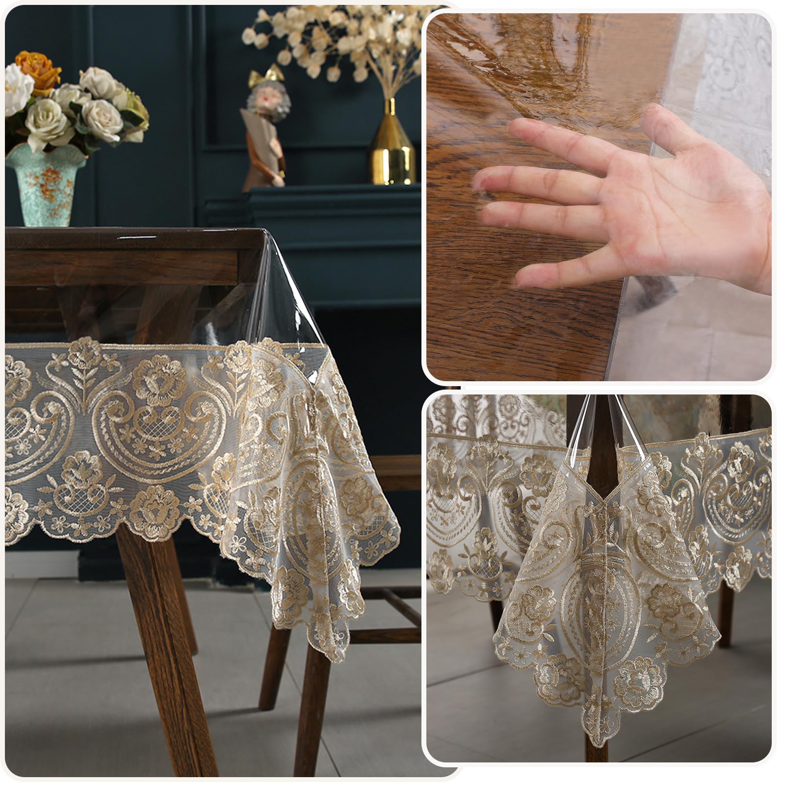 Qubjus Mantel de plástico transparente, impermeable, rectangular, de vinilo, con encaje bordado, para comedor, cocina, bufé, banquetes, fiestas (60 x 98 pulgadas, café)