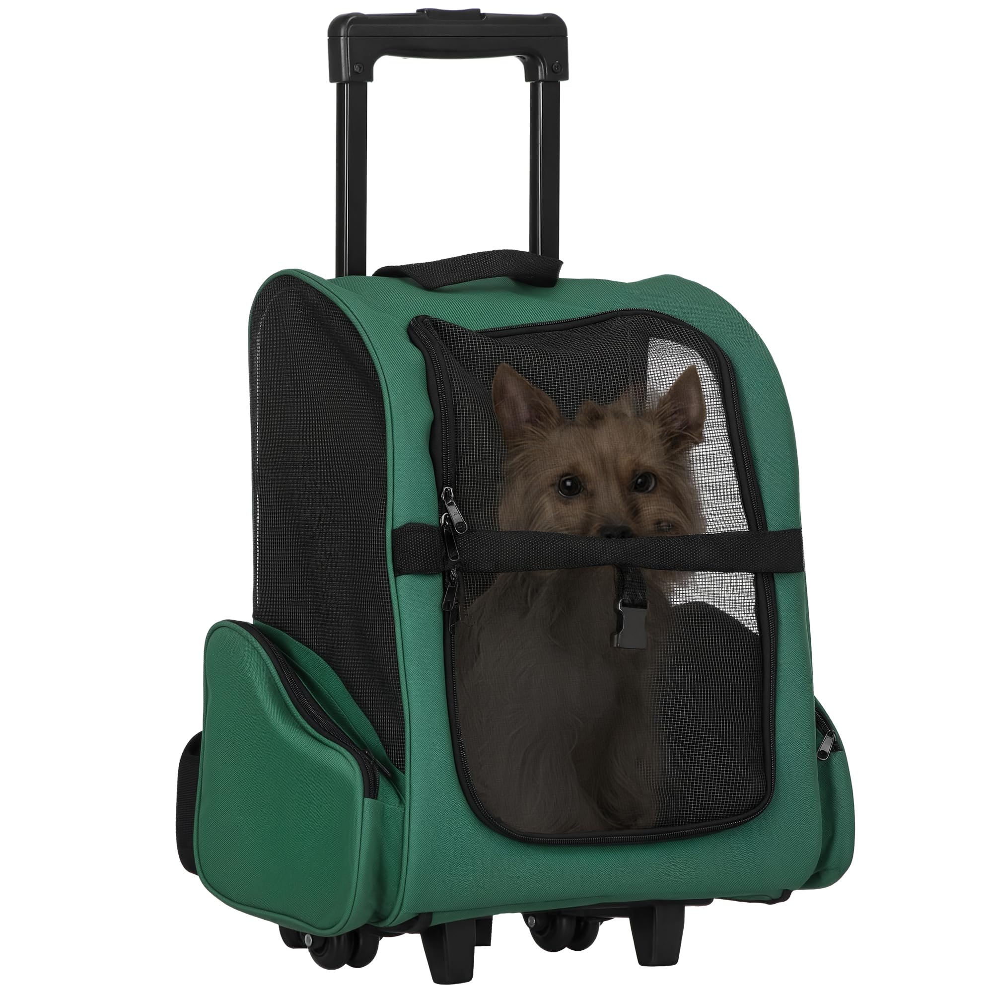 PawHut 2 in 1 Pet Carrier Backpack or Travel Trolley for Dog and Cat with 2 Wheels with Retractable Aluminium Handle and Pockets 42 x 25 x 55 cm Green