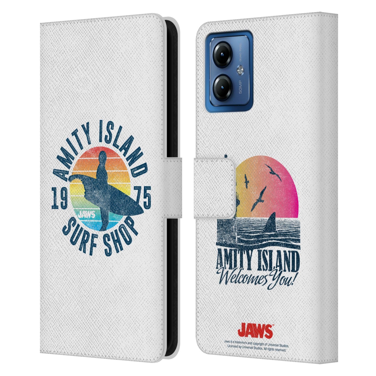 Head Case DesignsOfficially Licensed Jaws Surf Shop I Key Art Leather Book Wallet Case Cover Compatible with Motorola Moto G14