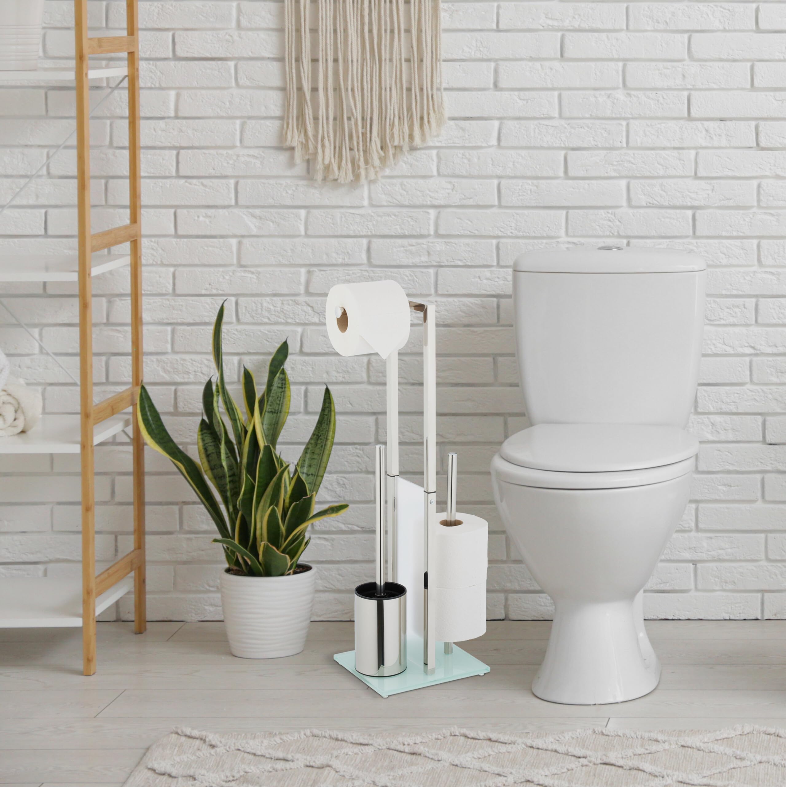 Relaxdays Zestaw do WC, stojący uchwyt na papier toaletowy ze szczotką, wymienny stojak na rolki, wys. x gł.: 64,5 x 24 x 18 cm, stal nierdzewna, srebrny