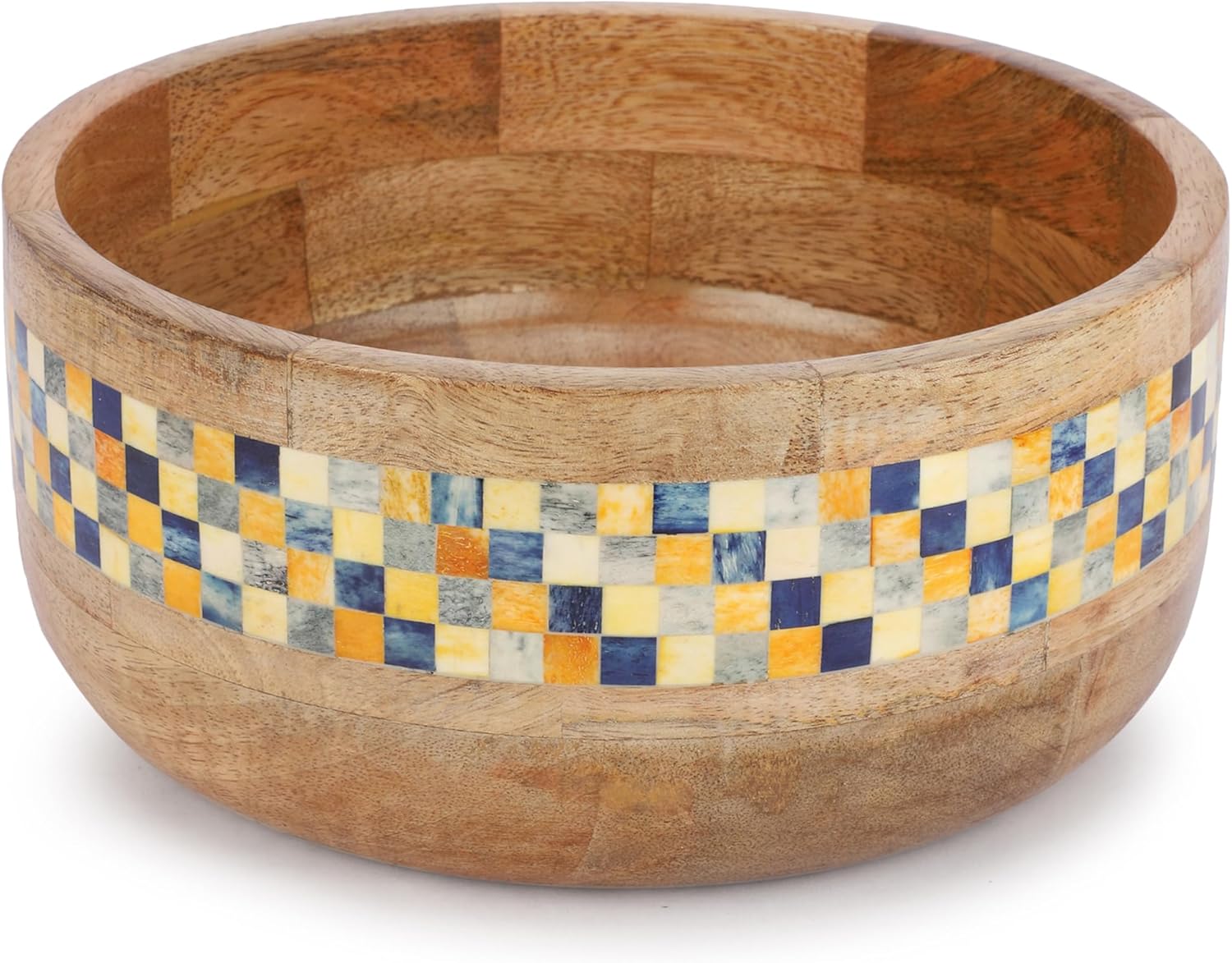 Handmade Wooden Serving Bowl – 9 Inch Mango Wood Salad, Snack & Fruit Bowl with Multi Color Checkered Inlay – Rustic Decorative Tableware for Kitchen & Dining Table