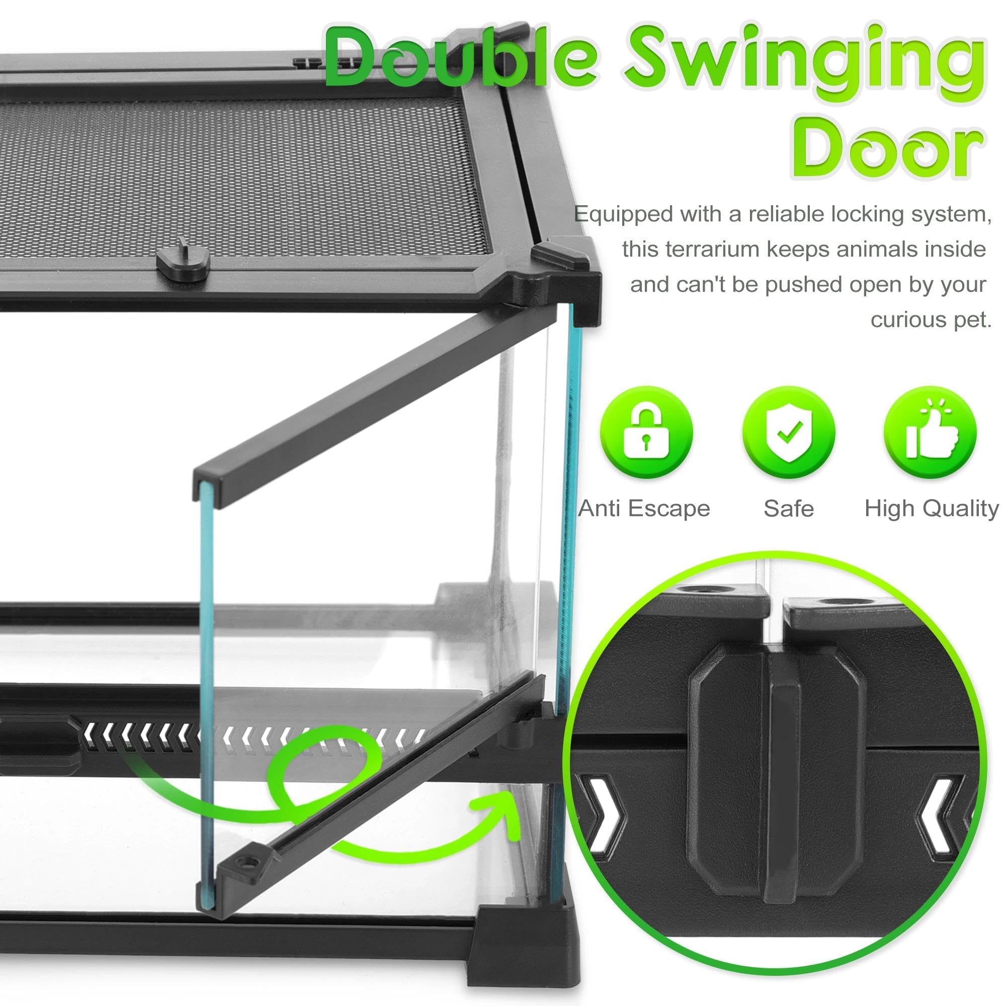 Terrario de cristal profesional de 14 galones de 20 x 12 x 14 pulgadas, tanque de hábitat para reptiles duradero con marco de aleación de aluminio resistente al calor, doble frontal para no