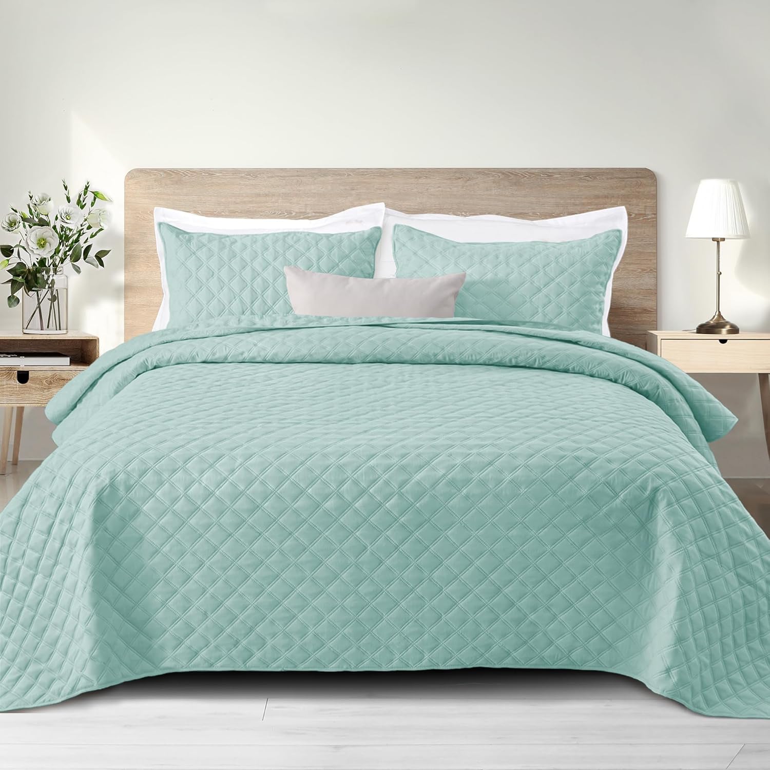 Exclusivo Mezcla Soft Quilt Set Queen Full Size, 3 Pieces Lightweight Quilts Aqua Bedspreads Coverlets Bedding Set for All Seasons, Grid Pattern