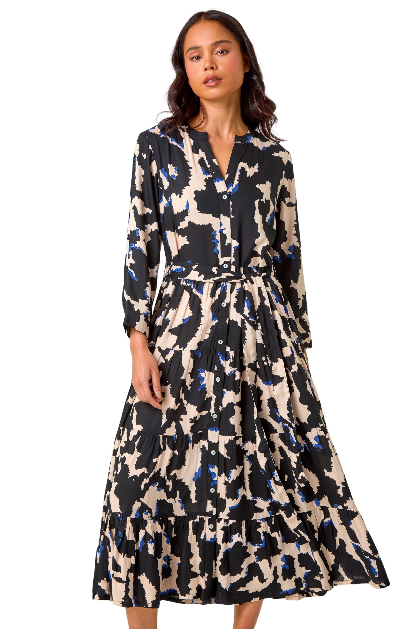 Roman Women's Black Petite Abstract Print Button Midi Dress In | Size: 14