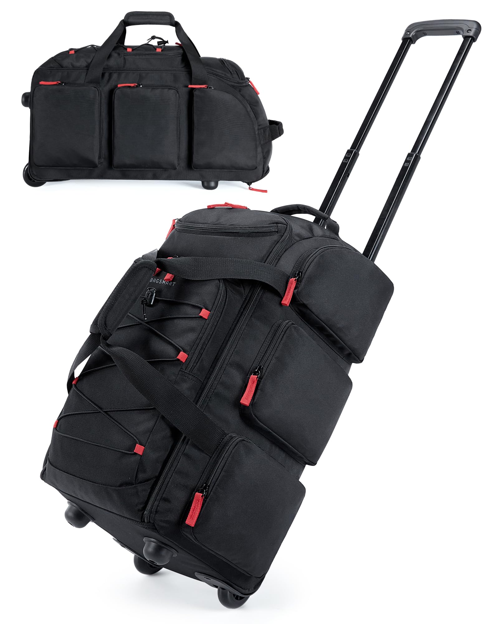 BAGSMART Rolling Duffle Bag with Wheels, 36L Travel Bag with Water-proof Pockets, Airline-Approved Carry On Duffel Bag with Handle, Black