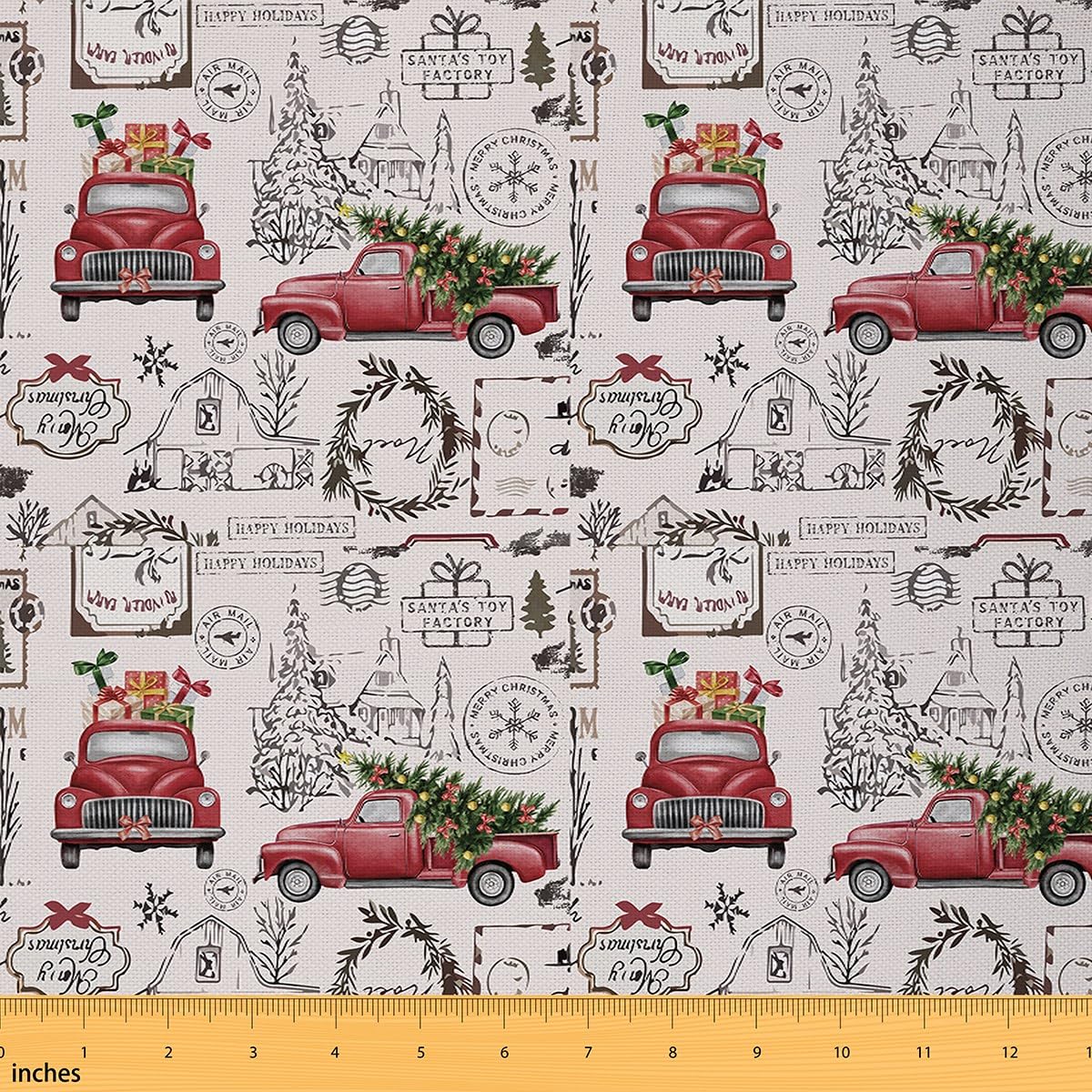 Tessuto natalizio per bambini, al metro, tessuto per tappezzeria con camion di Natale, per sedie, stampa con alberi, impermeabile, tessuto per esterni, capodanno, beige, tessuto per esterni, 276 x 150