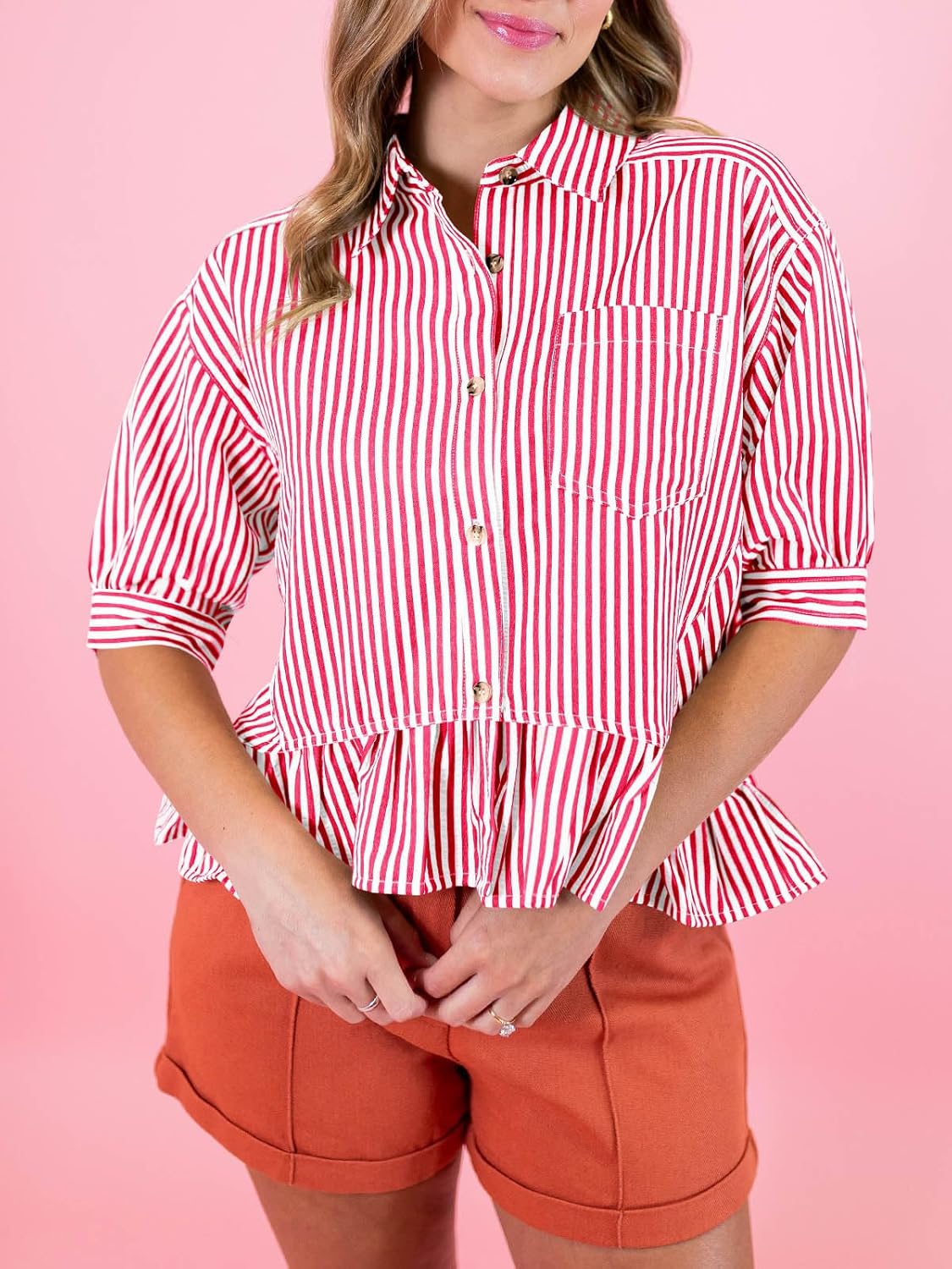 Womens Peplum Top Striped Ruffle Shirts 3/4 Sleeve Button Down Cute Cropped Blouse - Image 3