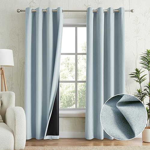 Anpark Cortinas 100% opacas de color azul claro para dormitorio, con aislamiento térmico, aspecto de lino, con ojales y parte trasera negra, para Anpark Cortinas 100% opacas de color azul claro para dormitorio, con aislamiento térmico, aspecto de lino, con ojales y parte trasera negra, para
