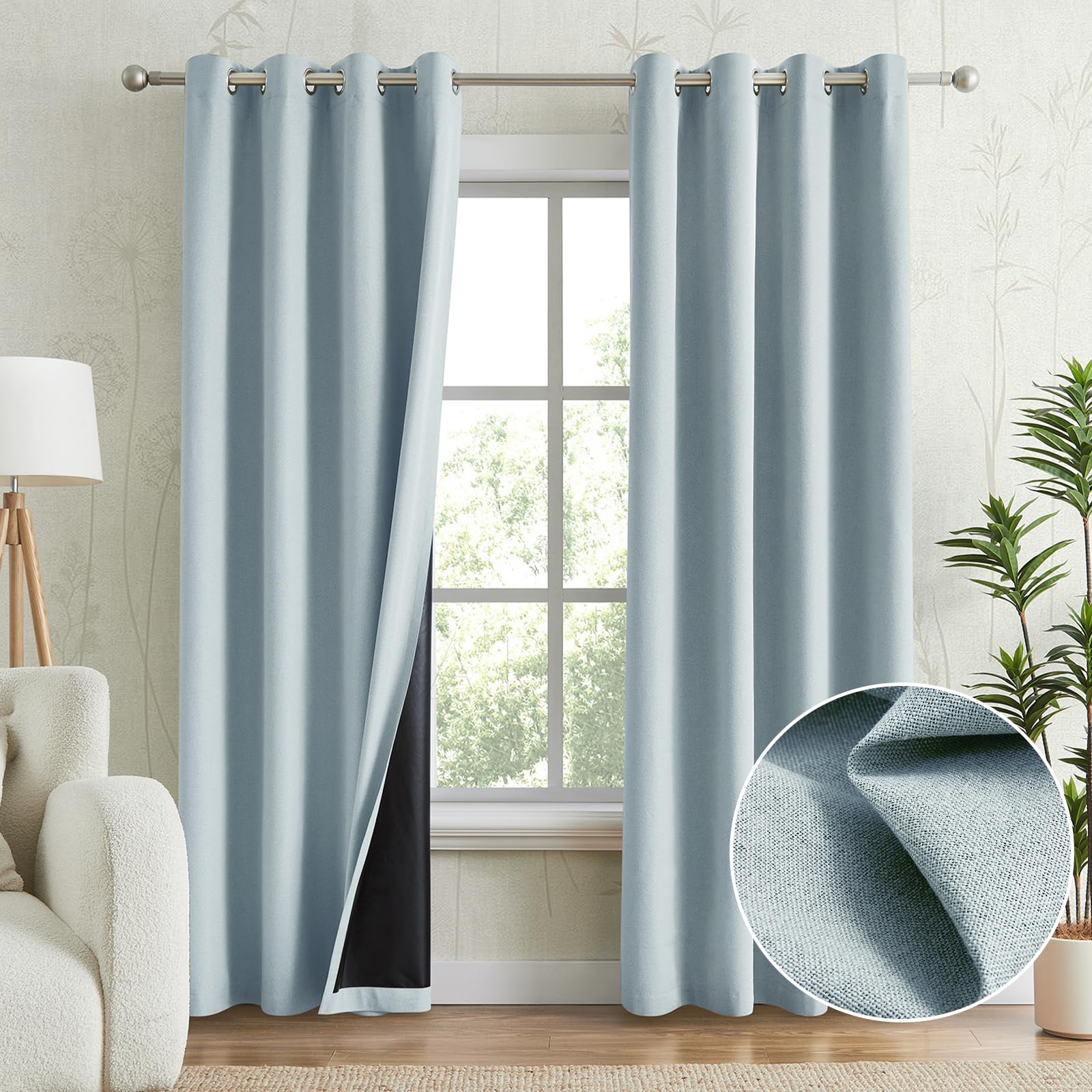Anpark Light Blue 100% Blackout Curtains for Bedroom, Thermal Insulated Linen Look Grommet Window Curtain Drapes with Black Back for Living Room, 52 x