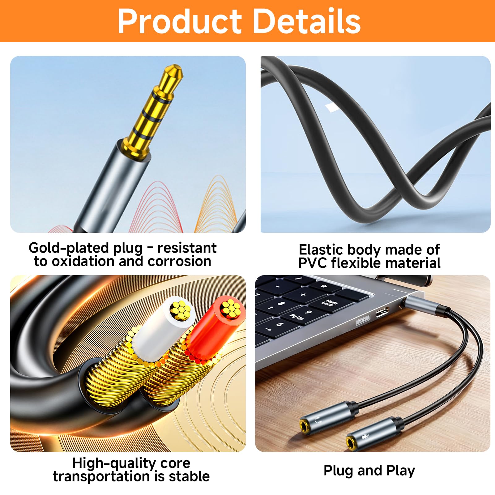 Splitter per jack audio da 3,5 mm, adattatore da jack audio maschio da 3.5 mm a doppio jack audio femmina da 3,5 mm, splitter audio e microfono per cuffie da gioco, PS4, Xbox, PC, tablet, smartphone