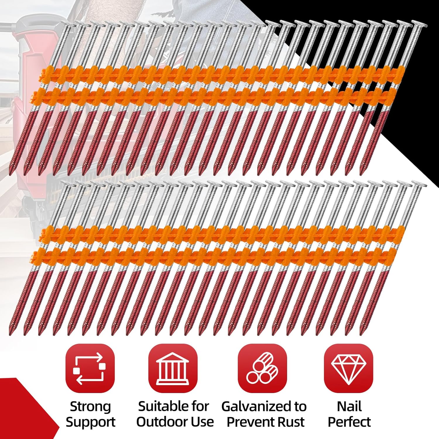 2000 Count 21 Degree Framing Nails, 2" x 0.113" Full Round Head, Ring Shank, Hot Dipped Galvanized, Plastic Collated Nails for 21° Round Head Framing Nail Guns