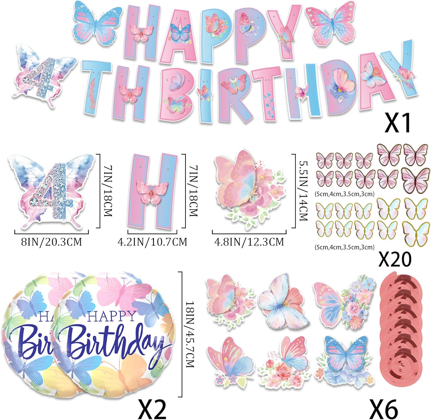 Butterfly 4th Birthday Decorations for Girls - Pink Blue Happy Birthday Banner Und Backdrop Banner(59 X 27.5 In), Butterfly Und Number 4 Foil Balloon Honeycomb Hanging Swirls for 4 Years Old Party