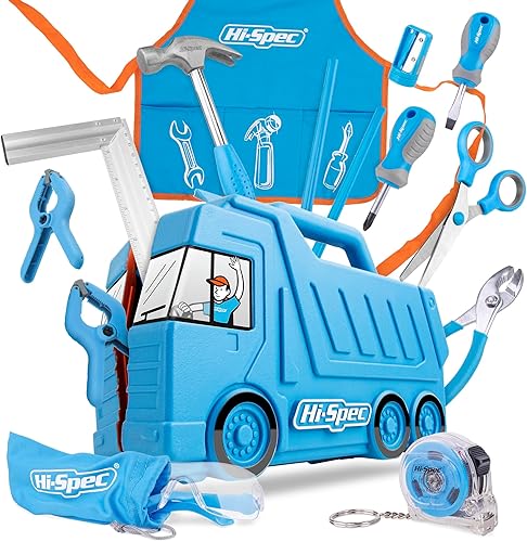 Hi-Spec Juego de herramientas azul para niños de 17 piezas con caja de herramientas para camión. Herramientas manuales de metal real para niños y
