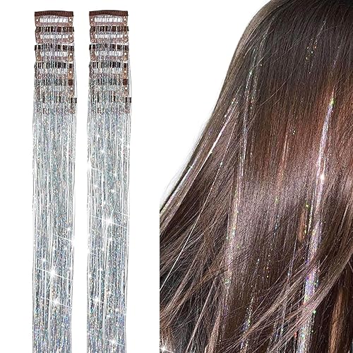 YOOONXI 12 extensiones de cabello de oropel con clip de oropel con purpurina de 19.6 pulgadas, kit de oropel resistente al calor, accesorios de