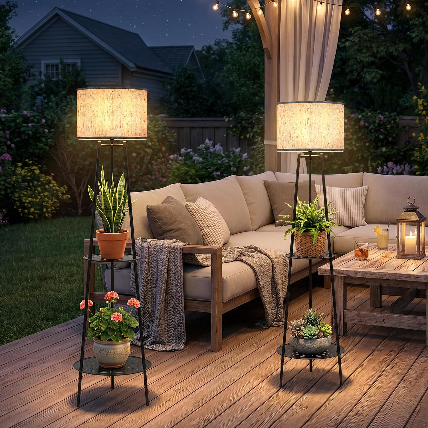 MXwcy 2Pack Solar Outdoor Floor Lamps with Plant Shelves, Waterproof Solar Standing Lamps for Patio Porch Garden Yard, Auto On/Off Warm LED Outdoor Floor Lights, Cordless 2-Tier Plant Stand Decor