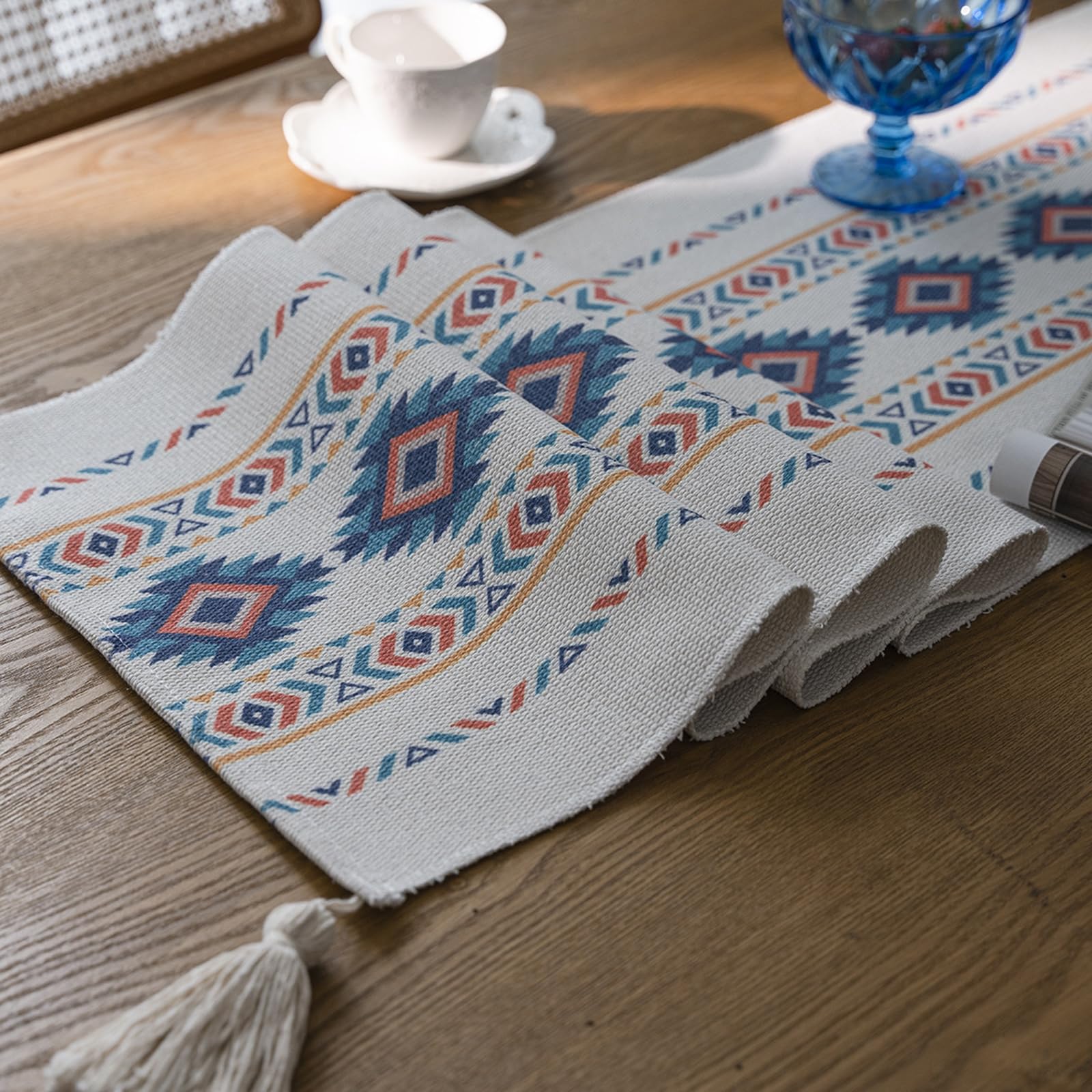 Bieżnik na stół bawełniany len 35 x 180 cm, nowoczesny zmywalny geometryczny wzór rombowy z frędzlami dekoracje ślubne stoły kuchenne, beżowy niebieski